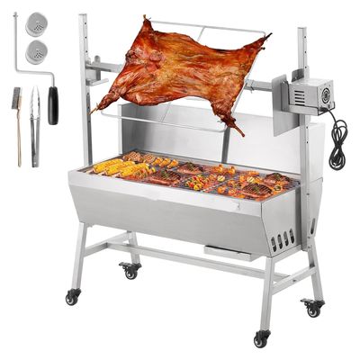 35 Inch Rotisserie Charcoal Grill with Electric Motor, Stainless Steel Spit Roaster BBQ with Lockable Wheels for Camping