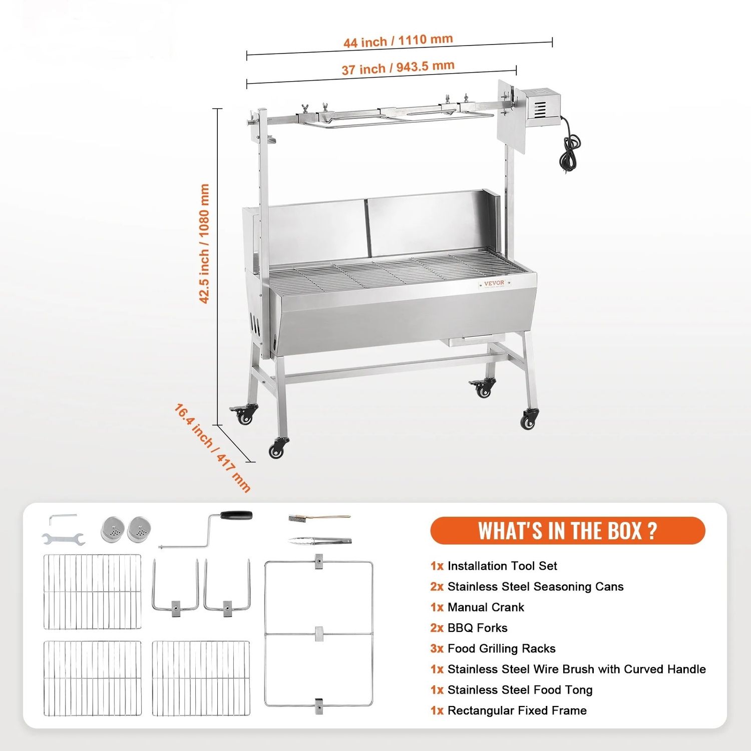 35 Inch Rotisserie Charcoal Grill with Electric Motor, Stainless Steel Spit Roaster BBQ with Lockable Wheels for Camping