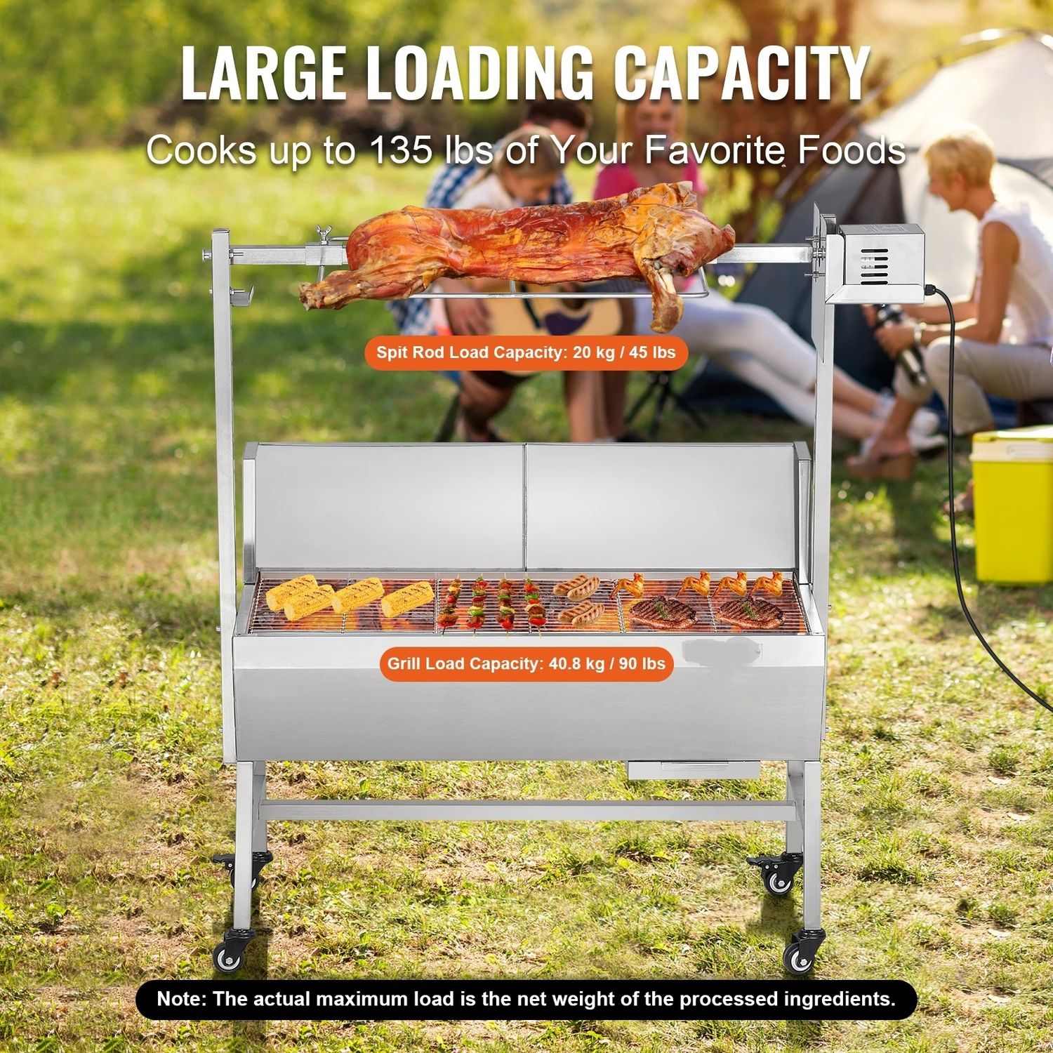 35 Inch Rotisserie Charcoal Grill with Electric Motor, Stainless Steel Spit Roaster BBQ with Lockable Wheels for Camping