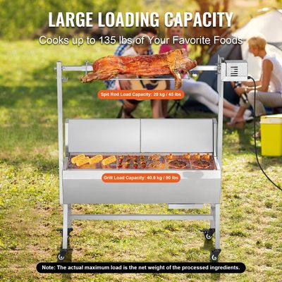 35 Inch Rotisserie Charcoal Grill with Electric Motor, Stainless Steel Spit Roaster BBQ with Lockable Wheels for Camping