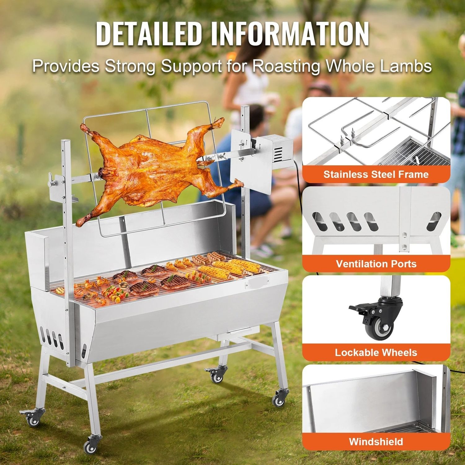 35 Inch Rotisserie Charcoal Grill with Electric Motor, Stainless Steel Spit Roaster BBQ with Lockable Wheels for Camping