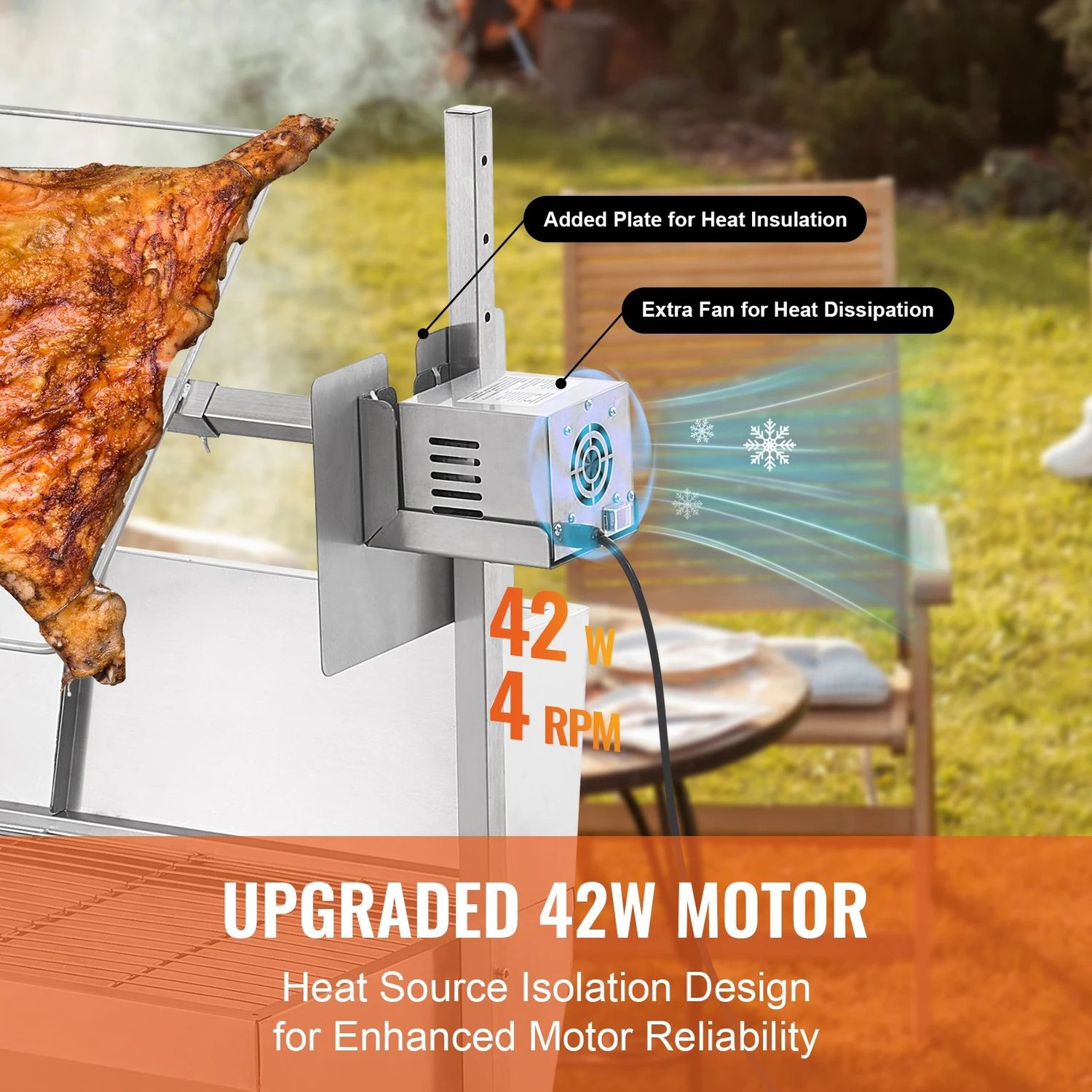 35 Inch Rotisserie Charcoal Grill with Electric Motor, Stainless Steel Spit Roaster BBQ with Lockable Wheels for Camping