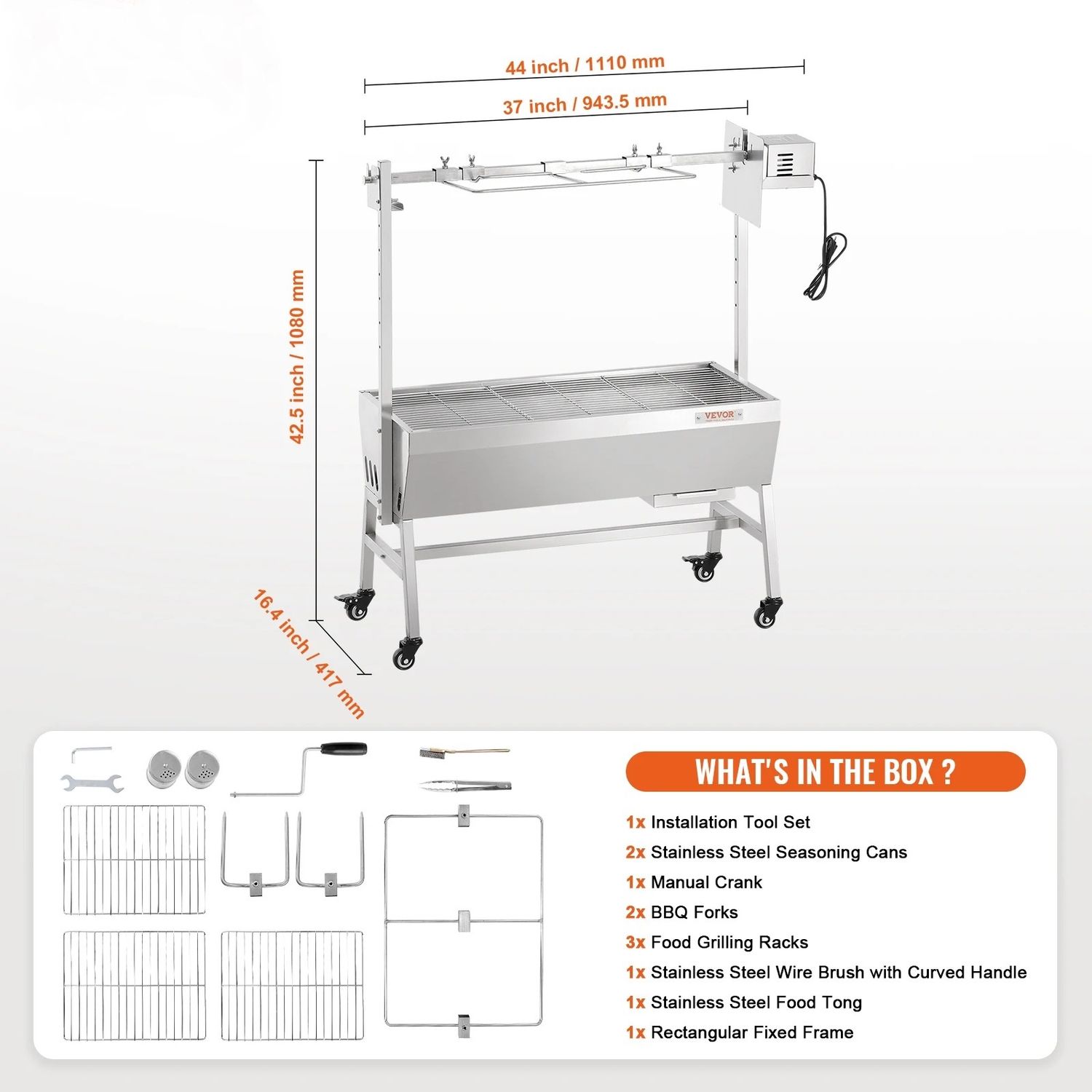 35 Inch Rotisserie Charcoal Grill with Electric Motor, Stainless Steel Spit Roaster BBQ with Lockable Wheels for Camping
