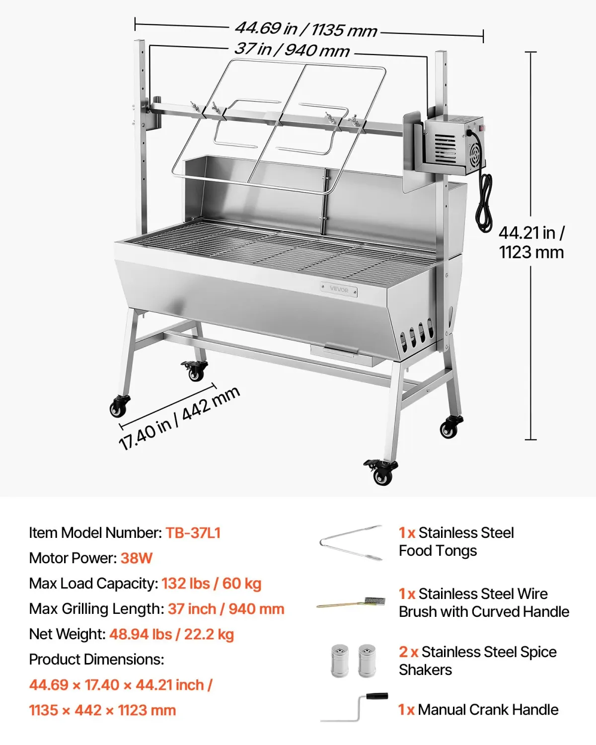 Rotisserie Grill 38W BBQ Spit Roaster