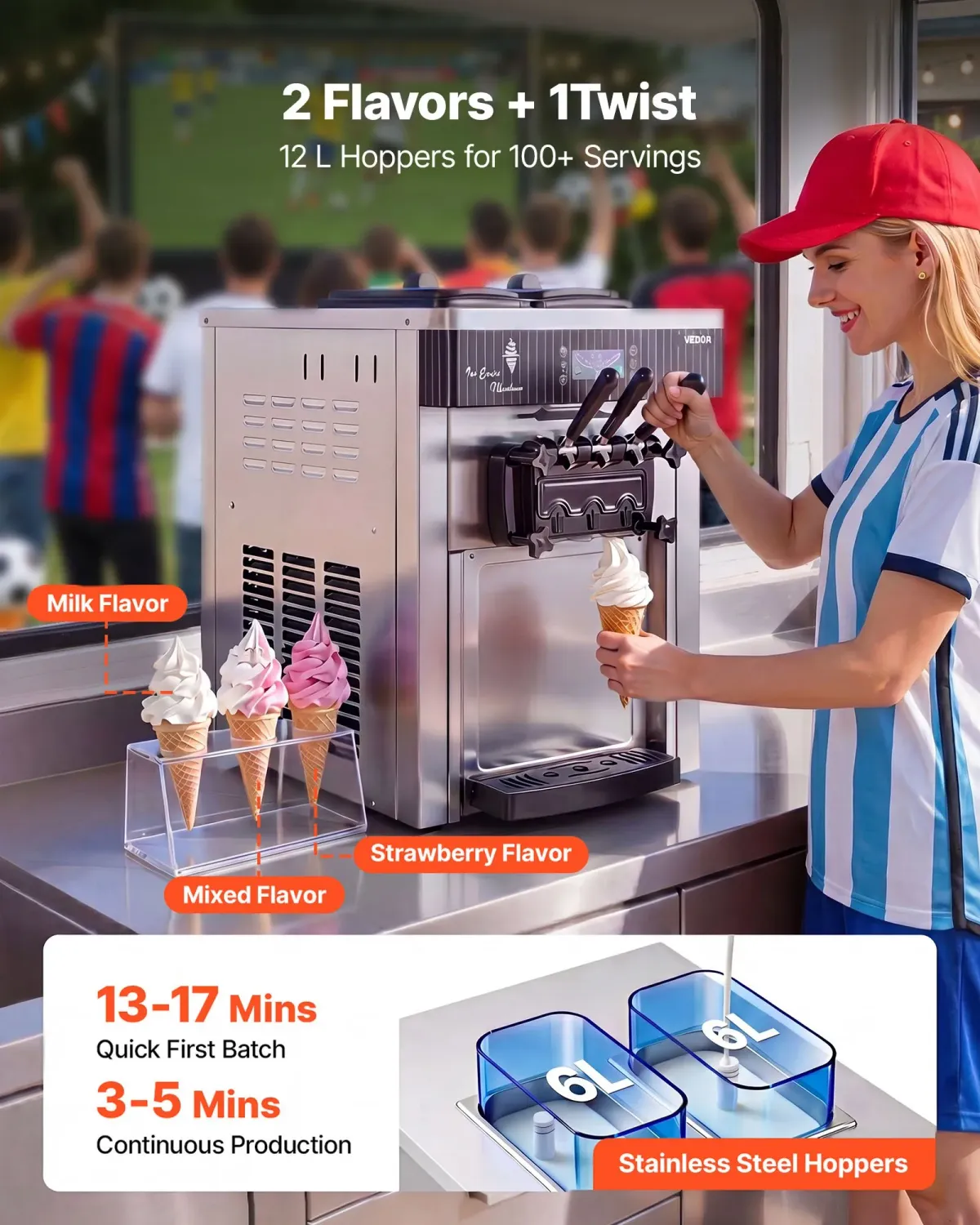 Commercial Soft Serve Ice Cream Machine 2200W 3 Flavor 28L/H Countertop Ice Cream Maker