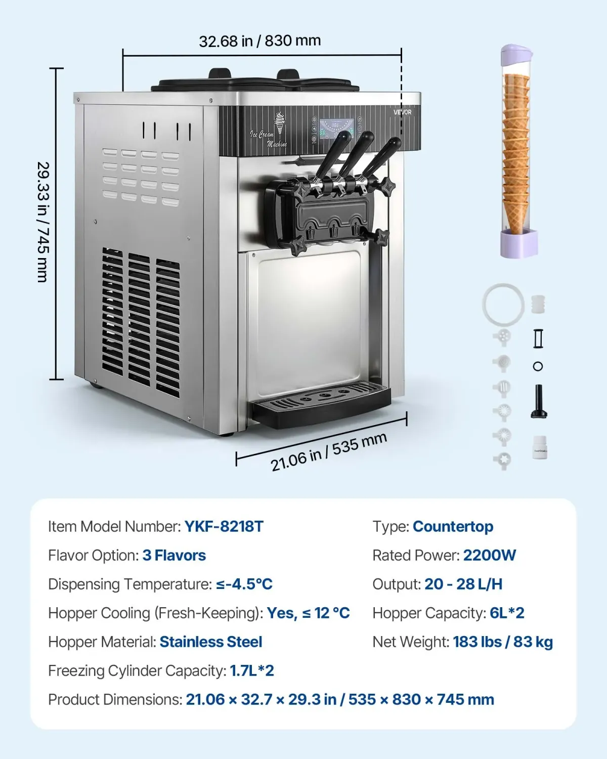 Commercial Soft Serve Ice Cream Machine 2200W 3 Flavor 28L/H Countertop Ice Cream Maker