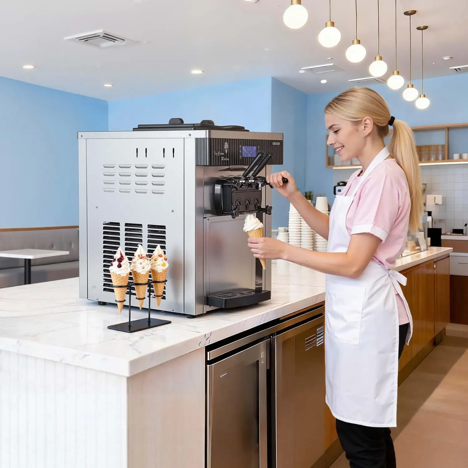 Commercial Soft Serve Ice Cream Machine 2200W 3 Flavor 28L/H Countertop Ice Cream Maker