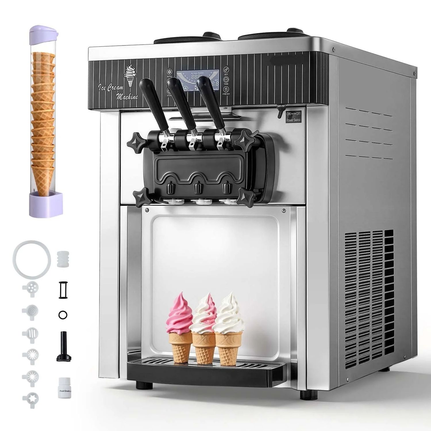 Commercial Soft Serve Ice Cream Machine 2200W 3 Flavor 28L/H Countertop Ice Cream Maker