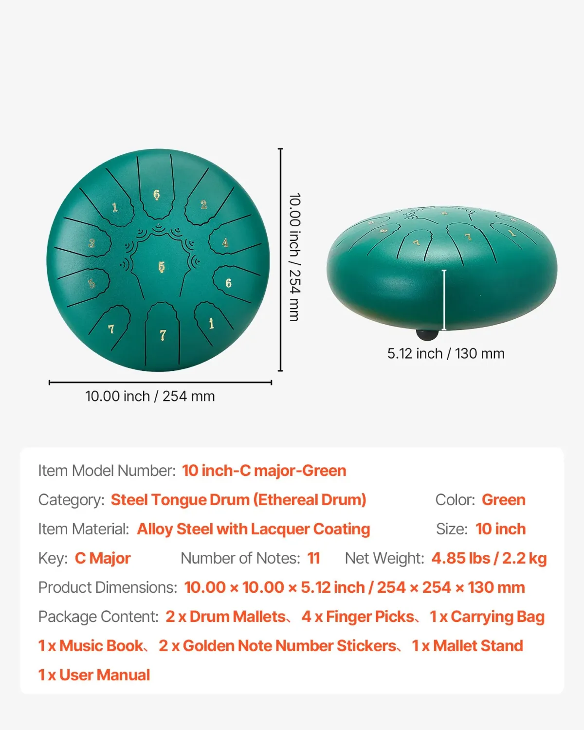 Steel Tongue Drum 11 Notes 25.4cm C Major Rain Drum with Mallets &amp; Music Book