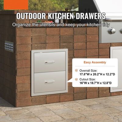 Outdoor Kitchen BBQ Drawers 18 x 20.6 x 12.7 Inch, Stainless Steel Double Drawer Cabinet with Handle for Grill Island
