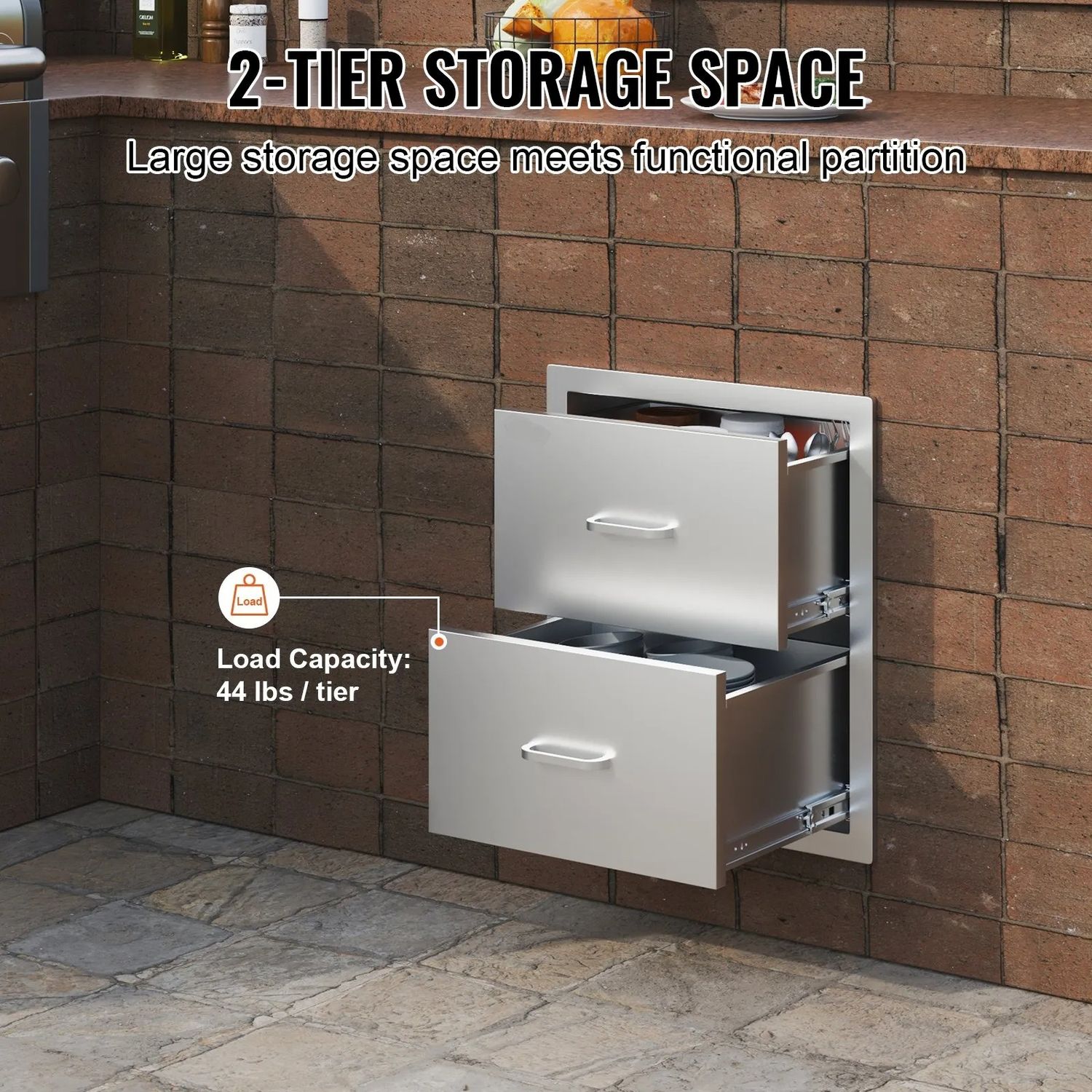 Outdoor Kitchen BBQ Drawers 18 x 20.6 x 12.7 Inch, Stainless Steel Double Drawer Cabinet with Handle for Grill Island