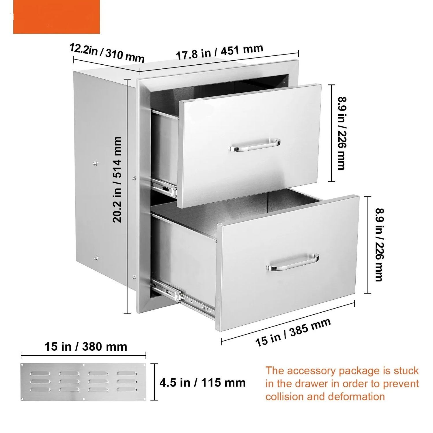 Outdoor Kitchen BBQ Drawers 18 x 20.6 x 12.7 Inch, Stainless Steel Double Drawer Cabinet with Handle for Grill Island