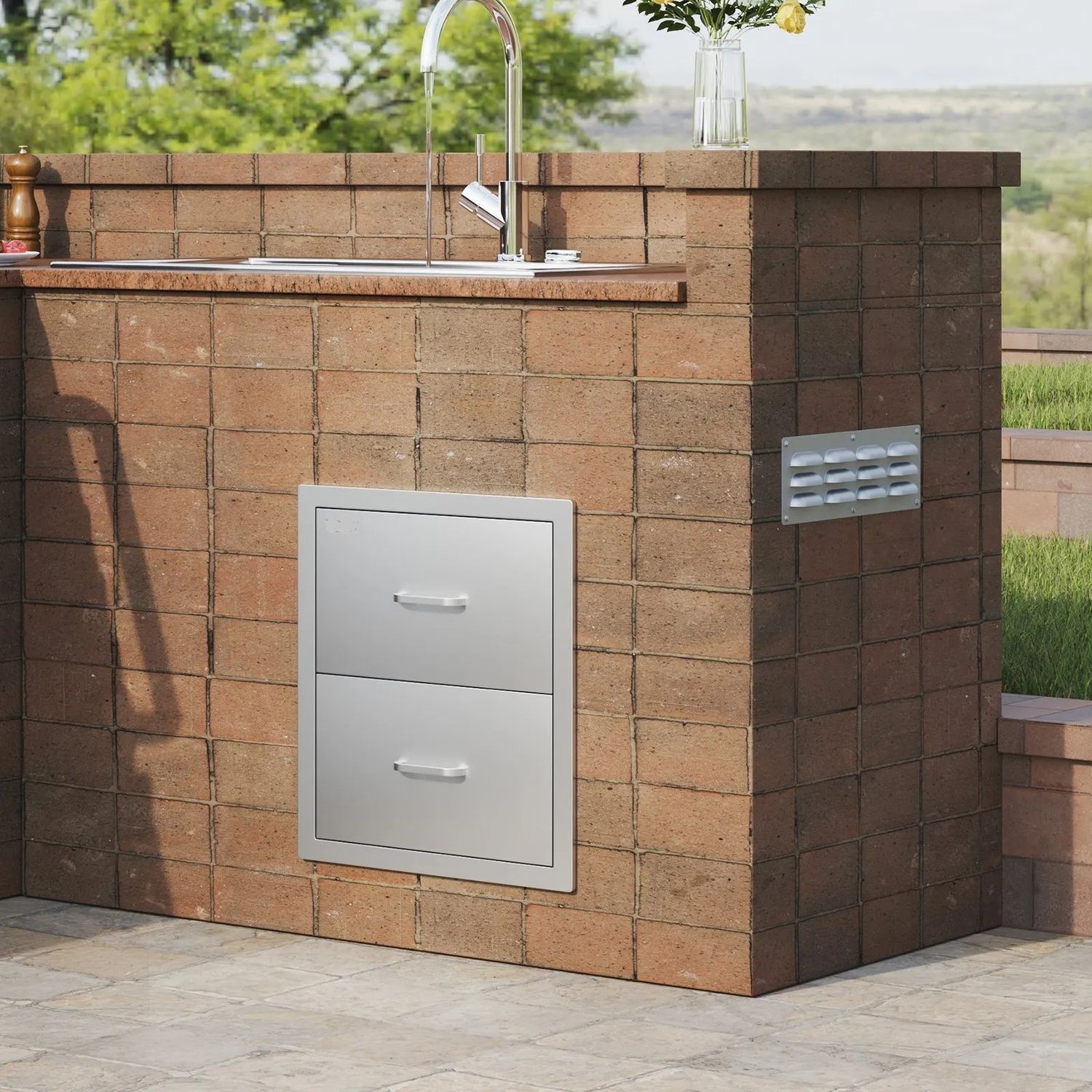 Outdoor Kitchen BBQ Drawers 18 x 20.6 x 12.7 Inch, Stainless Steel Double Drawer Cabinet with Handle for Grill Island