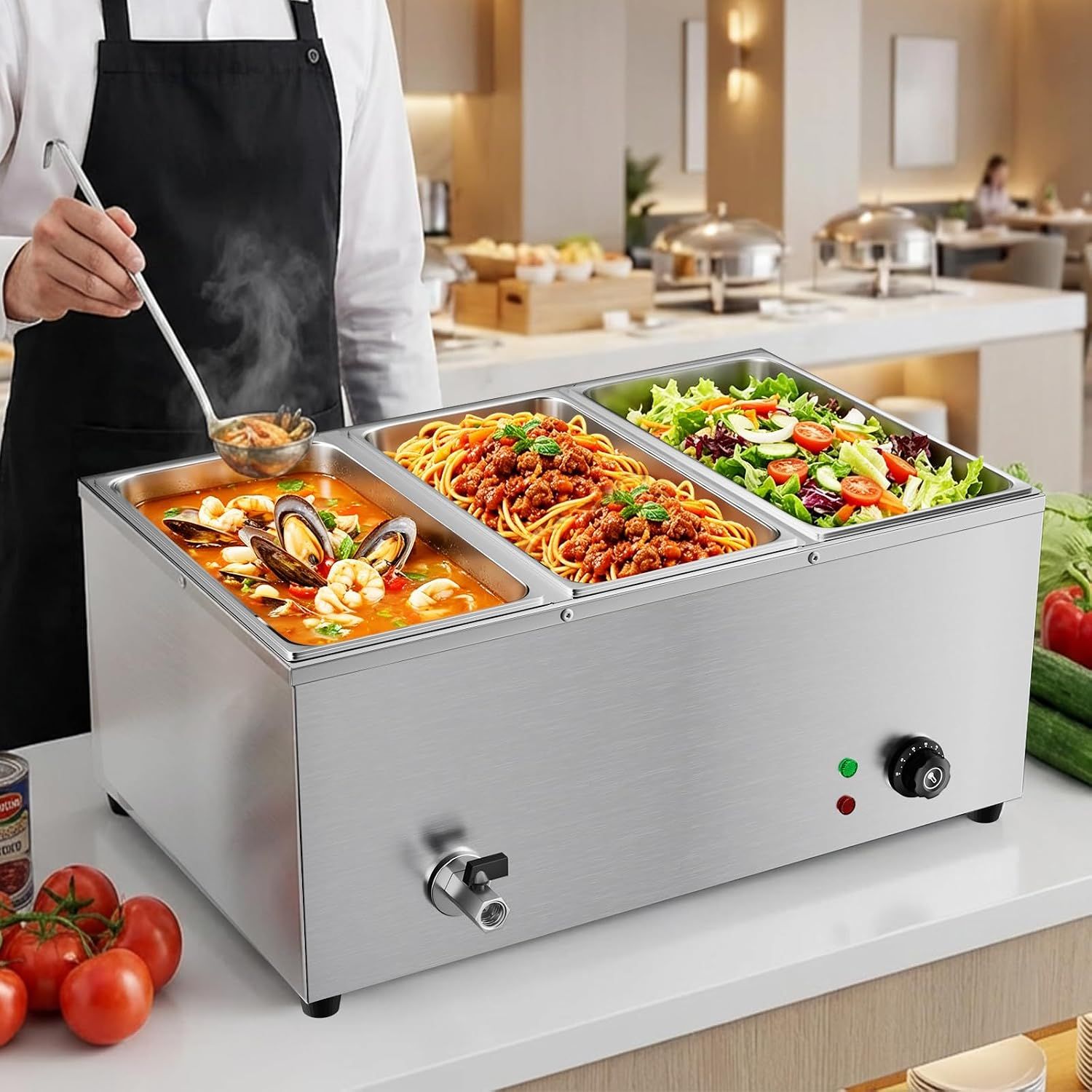 Commercial Bain Marie Food Warmer 1500W Stainless Steel 3 Pan Buffet Steam Table
