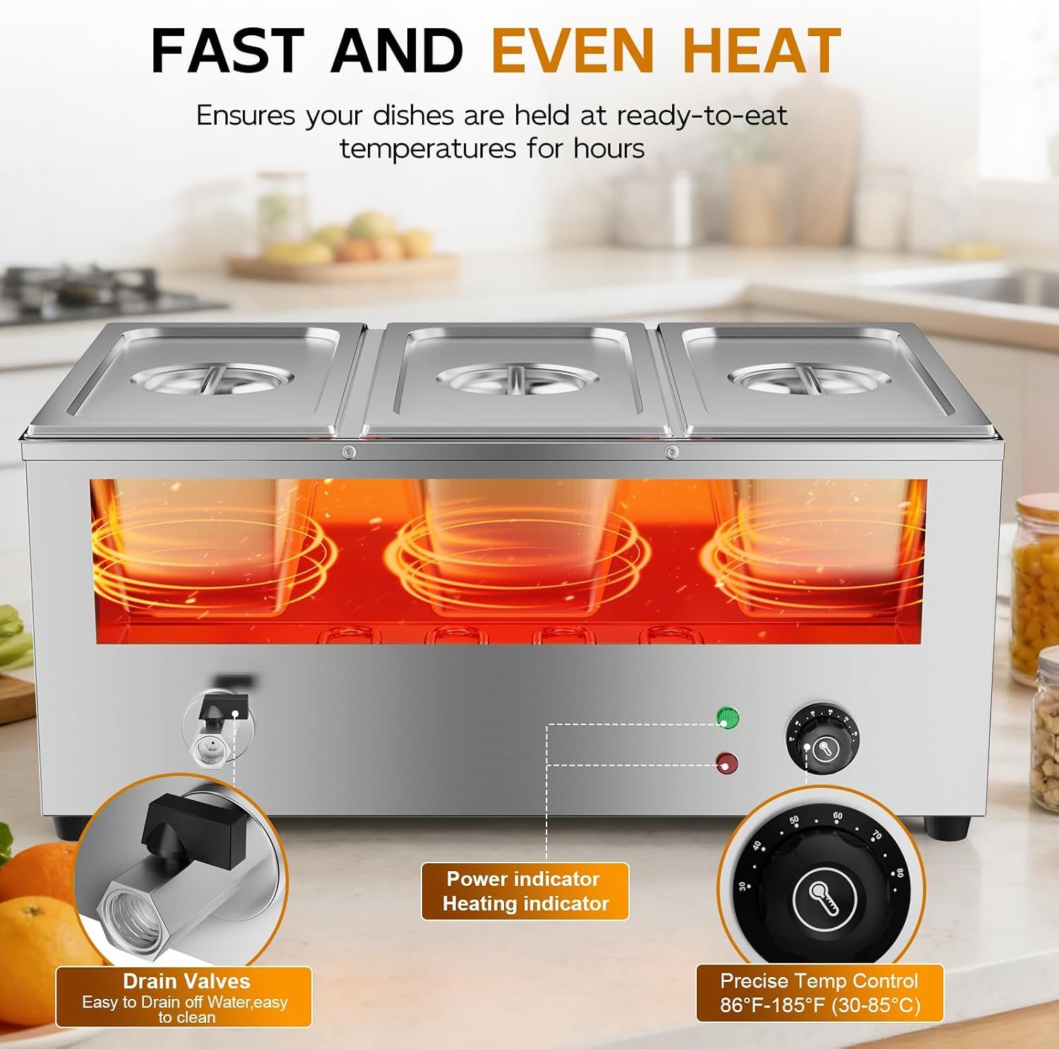 Commercial Bain Marie Food Warmer 1500W Stainless Steel 3 Pan Buffet Steam Table