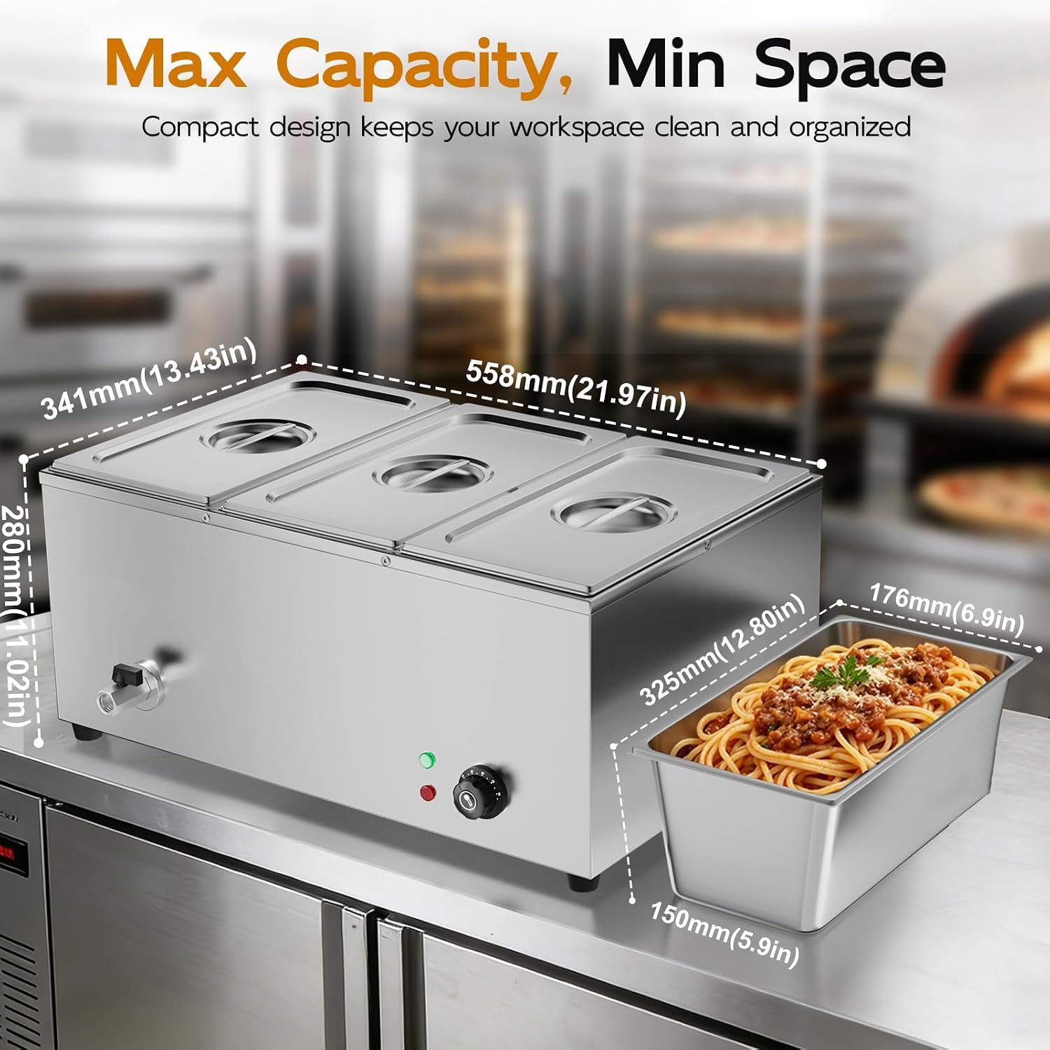 Commercial Bain Marie Food Warmer 1500W Stainless Steel 3 Pan Buffet Steam Table