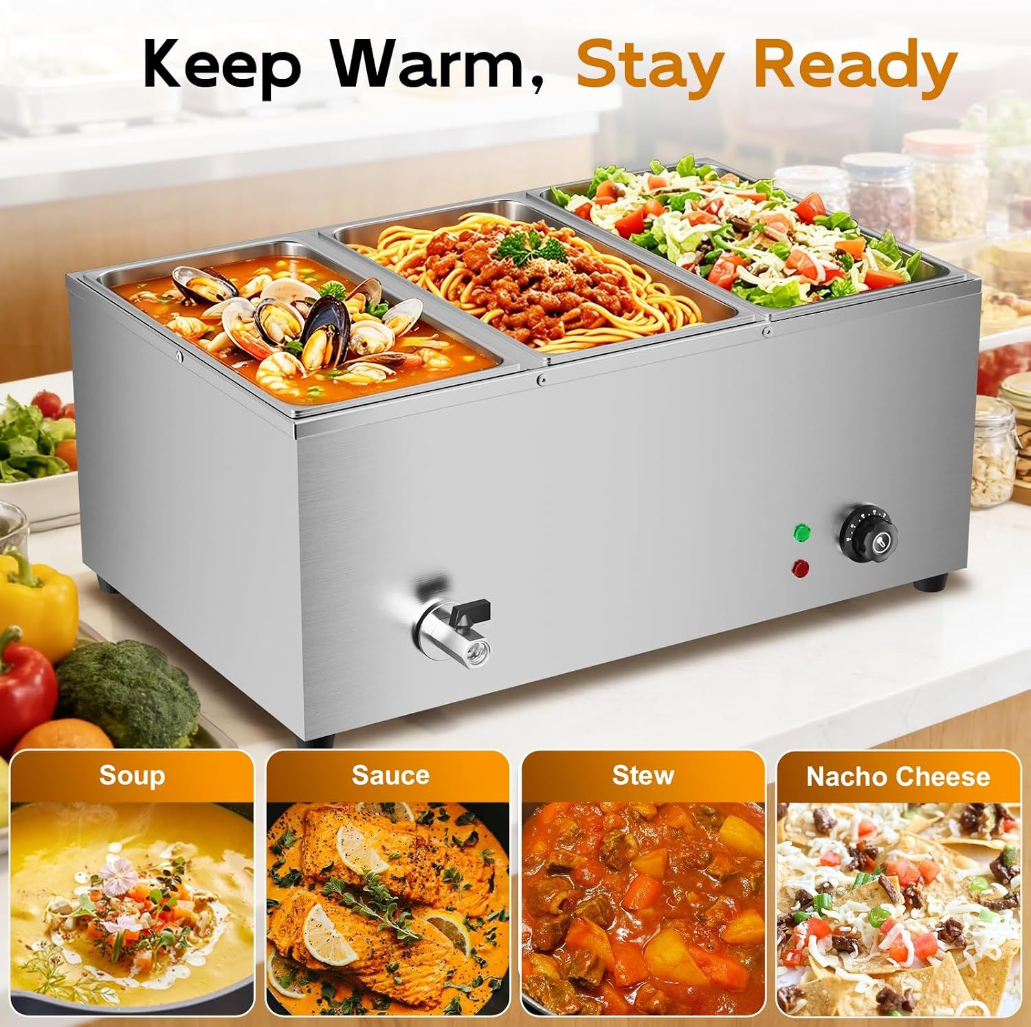 Commercial Bain Marie Food Warmer 1500W Stainless Steel 3 Pan Buffet Steam Table