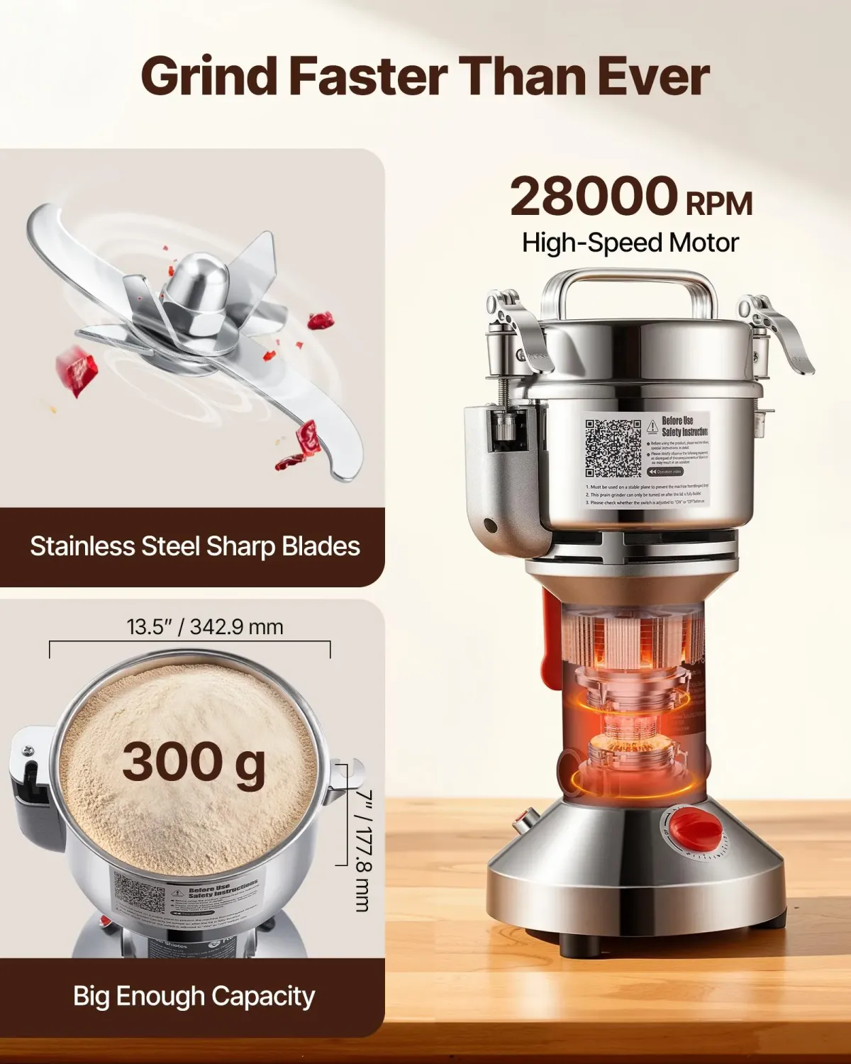 Commercial Grain Mill Grinder 1500W 300g Electric Spice Pulverizer Stainless Steel Powder Machine