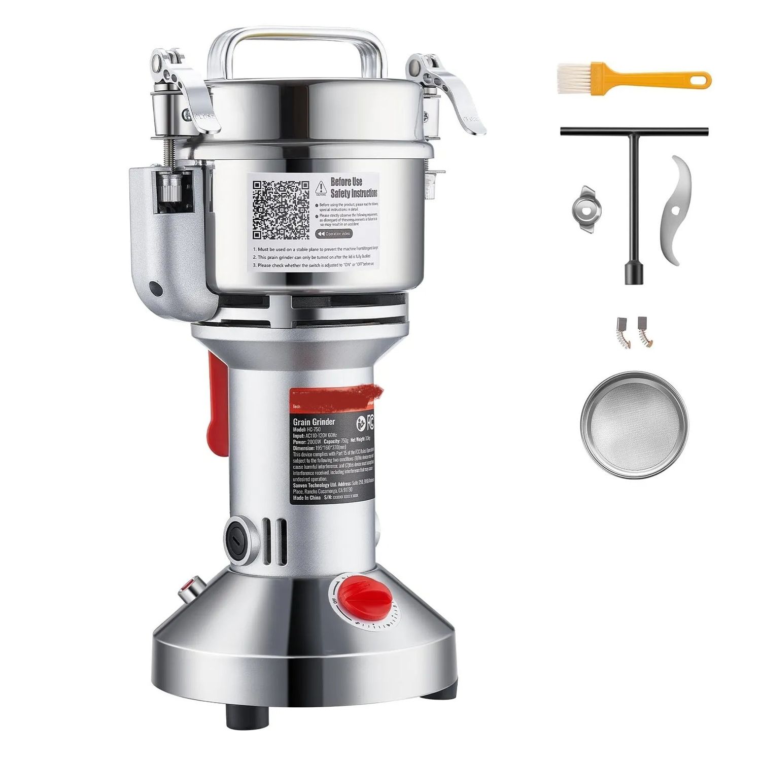 Commercial Grain Mill Grinder 1500W 300g Electric Spice Pulverizer Stainless Steel Powder Machine