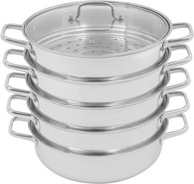32cm 5-Tier Stainless Steel Steamer Pot with Glass Lid, Multi-Layer Steam Cooker
