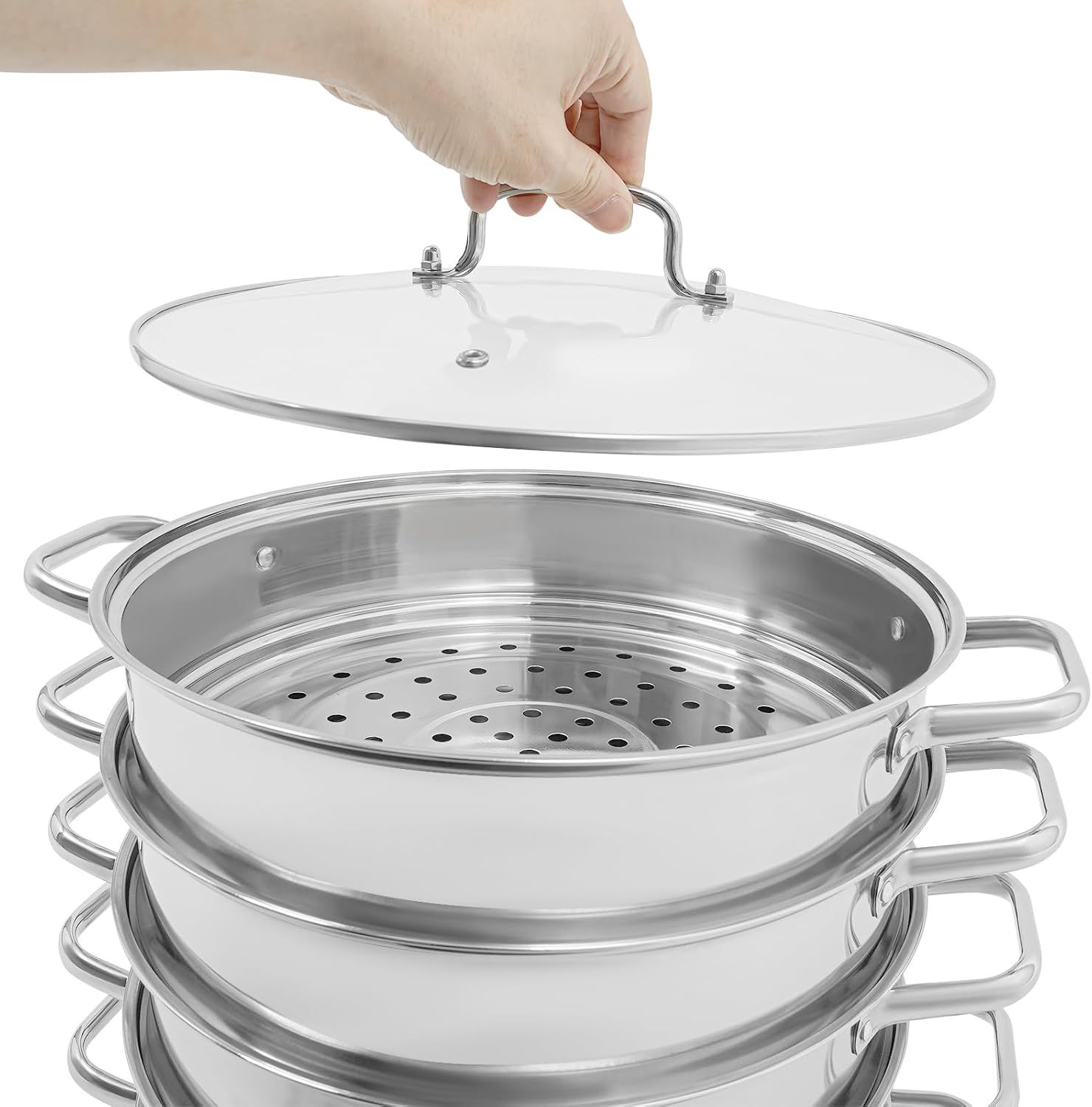 32cm 5-Tier Stainless Steel Steamer Pot with Glass Lid, Multi-Layer Steam Cooker