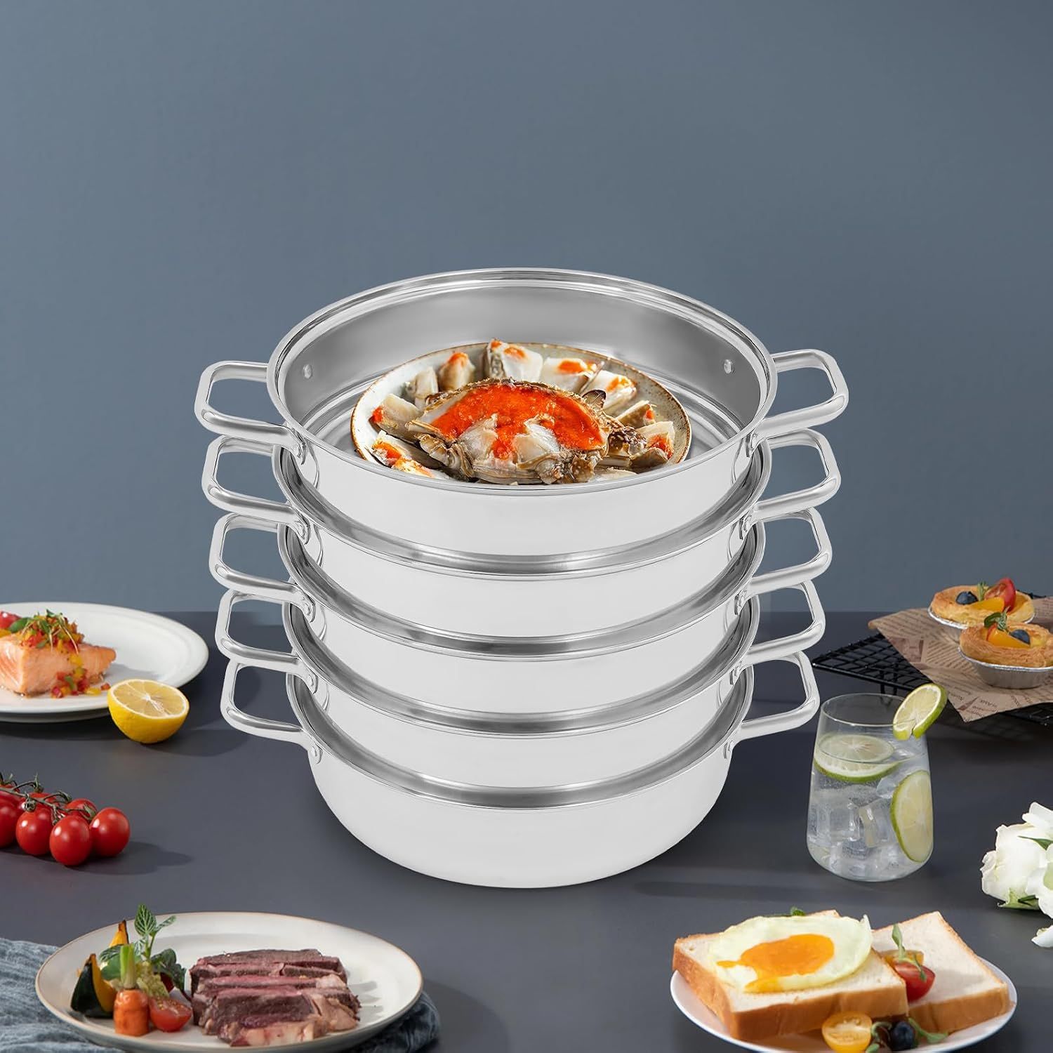 32cm 5-Tier Stainless Steel Steamer Pot with Glass Lid, Multi-Layer Steam Cooker