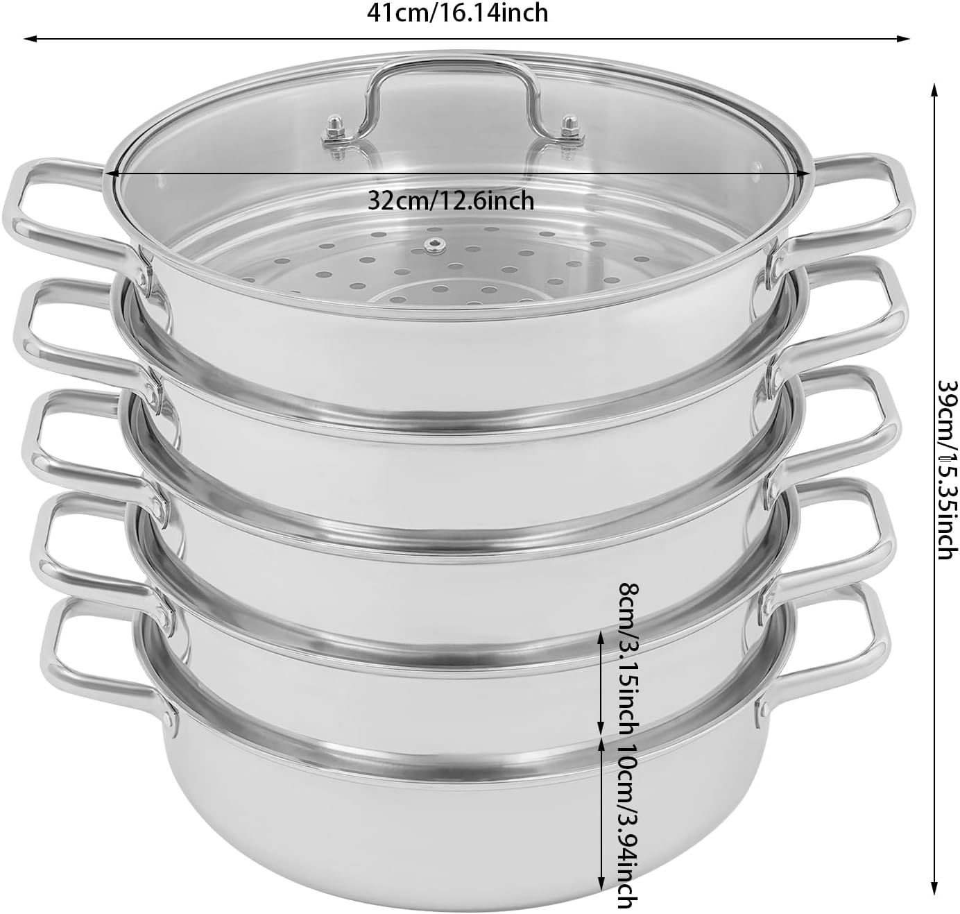 32cm 5-Tier Stainless Steel Steamer Pot with Glass Lid, Multi-Layer Steam Cooker