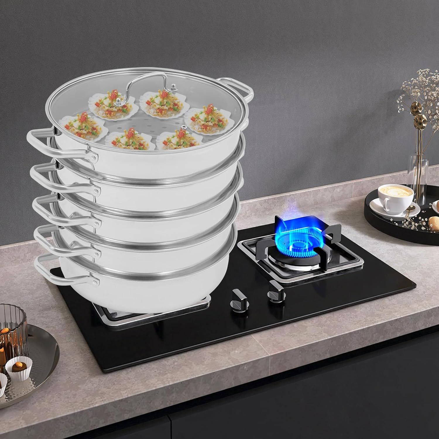 32cm 5-Tier Stainless Steel Steamer Pot with Glass Lid, Multi-Layer Steam Cooker