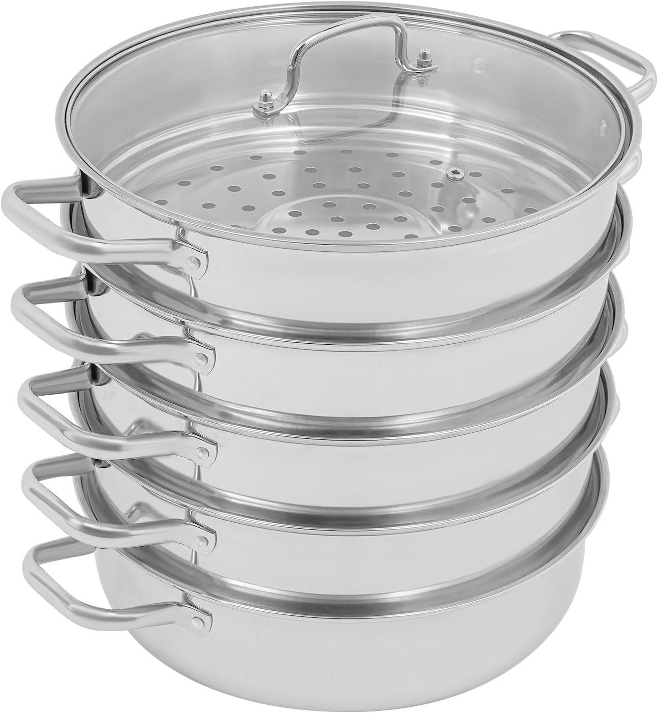 32cm 5-Tier Stainless Steel Steamer Pot with Glass Lid, Multi-Layer Steam Cooker