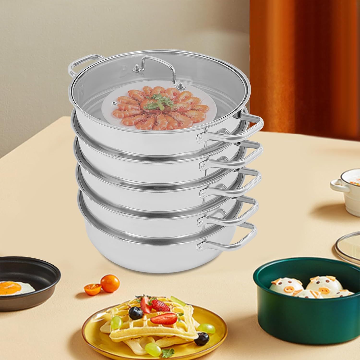 32cm 5-Tier Stainless Steel Steamer Pot with Glass Lid, Multi-Layer Steam Cooker
