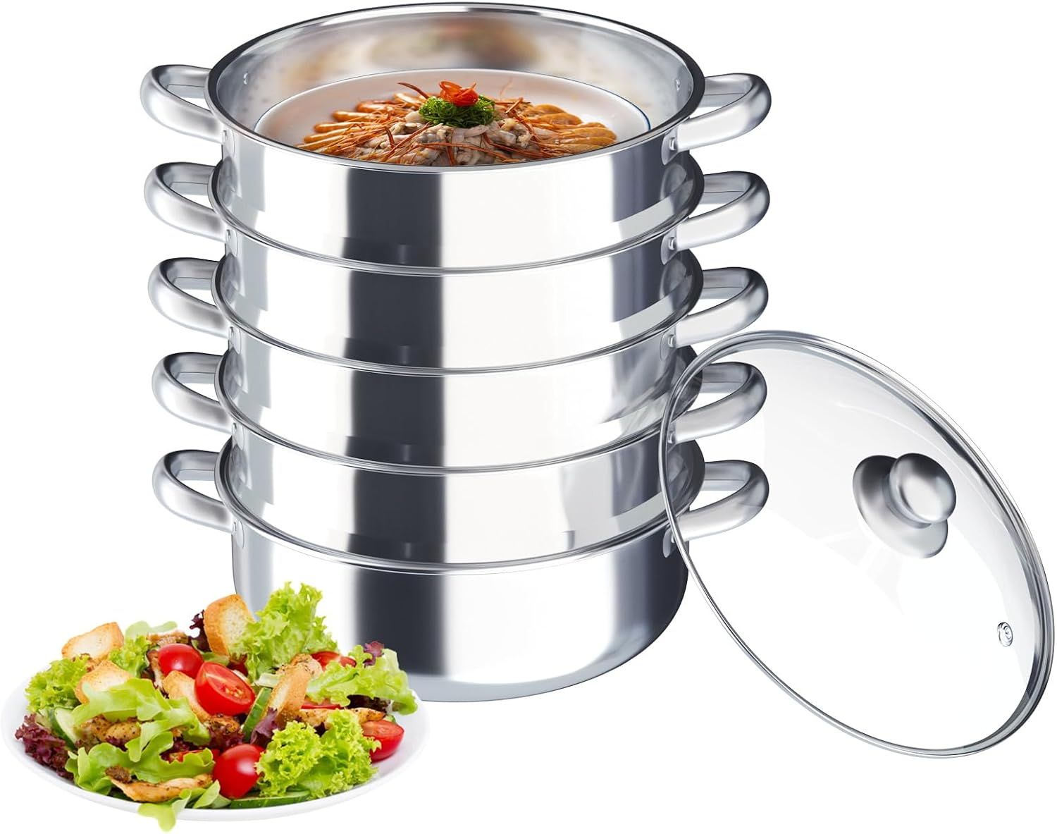 30cm 5-Tier Stainless Steel Steamer Pot with Glass Lid, Dishwasher Safe