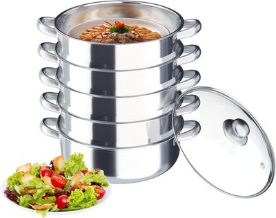 30cm 5-Tier Stainless Steel Steamer Pot with Glass Lid, Dishwasher Safe