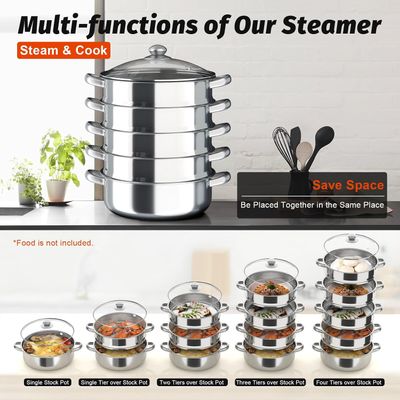 30cm 5-Tier Stainless Steel Steamer Pot with Glass Lid, Dishwasher Safe