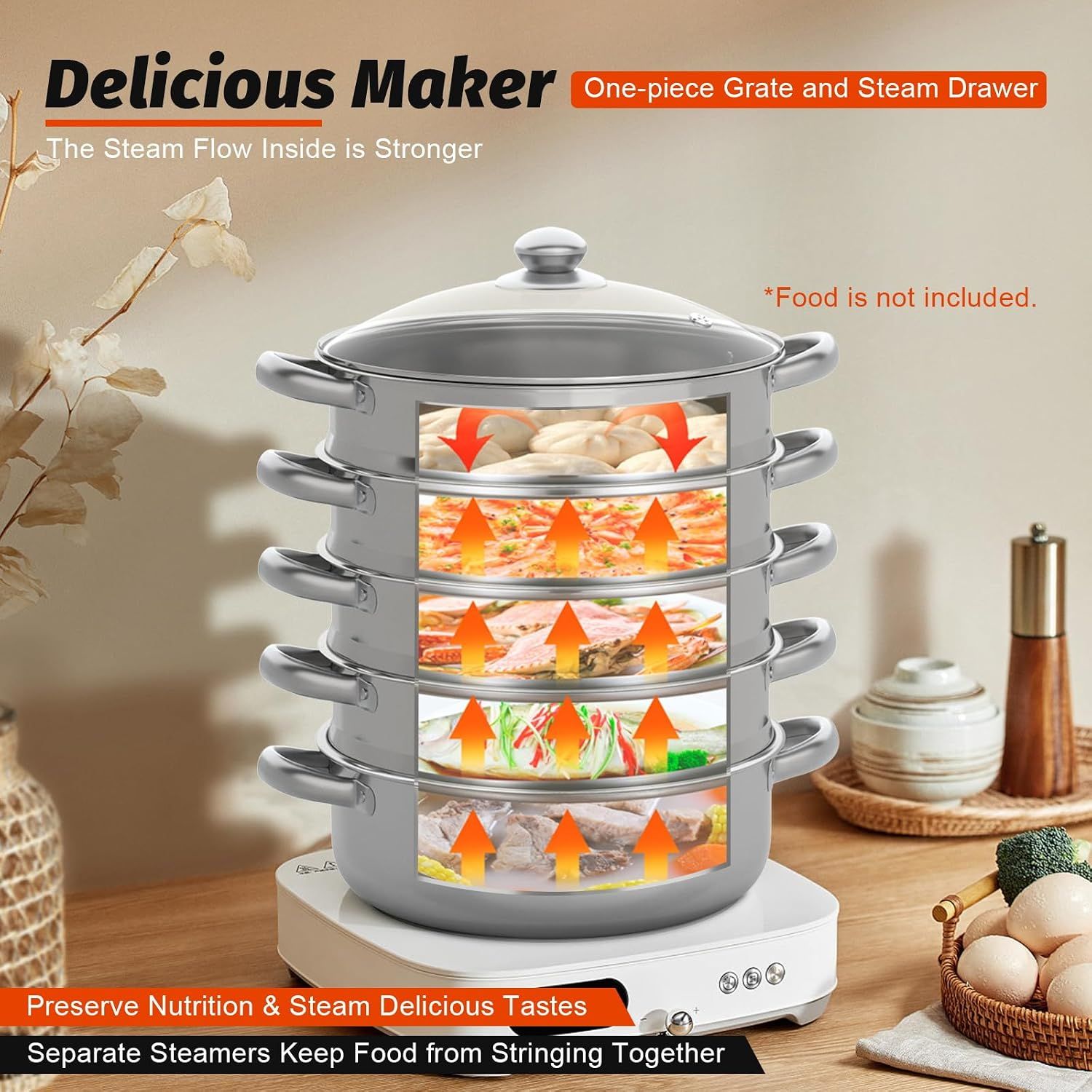 30cm 5-Tier Stainless Steel Steamer Pot with Glass Lid, Dishwasher Safe