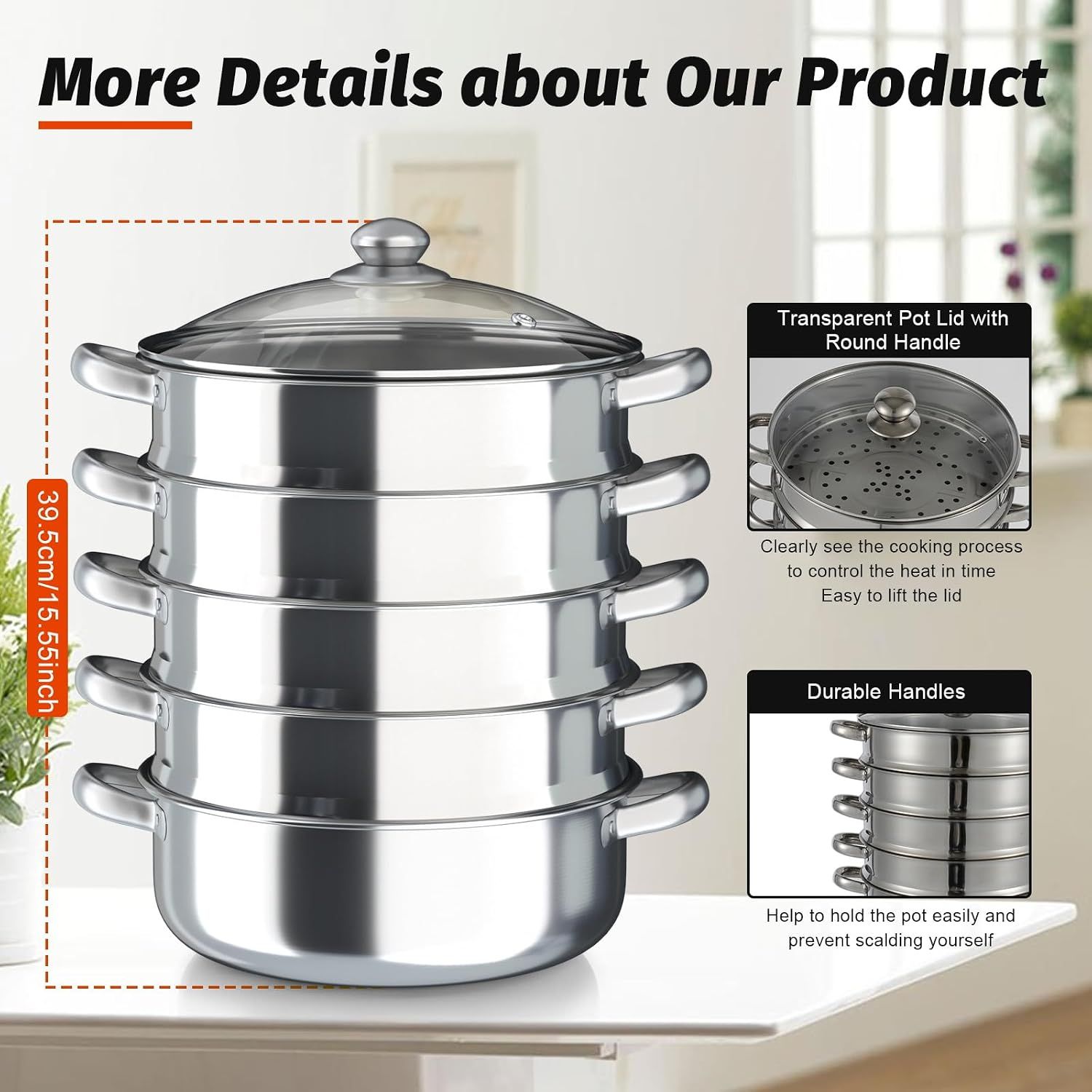 30cm 5-Tier Stainless Steel Steamer Pot with Glass Lid, Dishwasher Safe