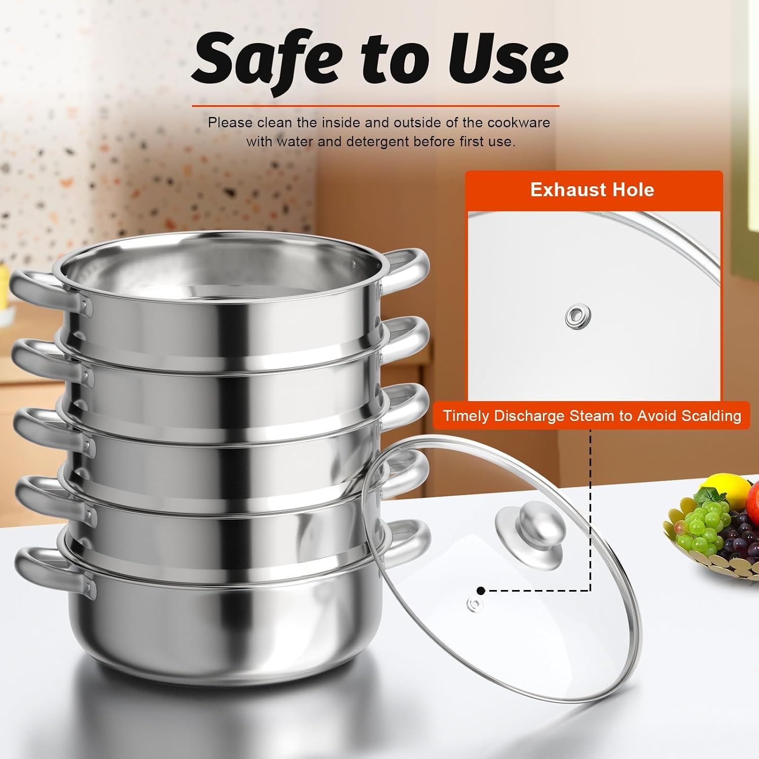 30cm 5-Tier Stainless Steel Steamer Pot with Glass Lid, Dishwasher Safe
