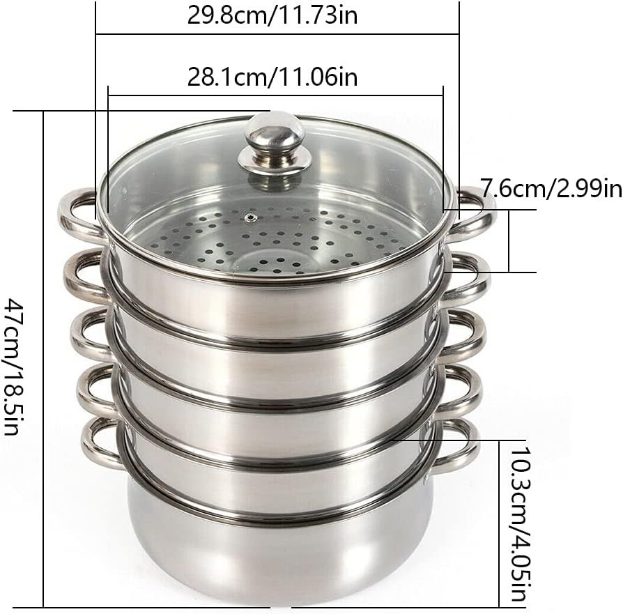 30cm 5-Tier Stainless Steel Steamer Pot with Glass Lid, Dishwasher Safe