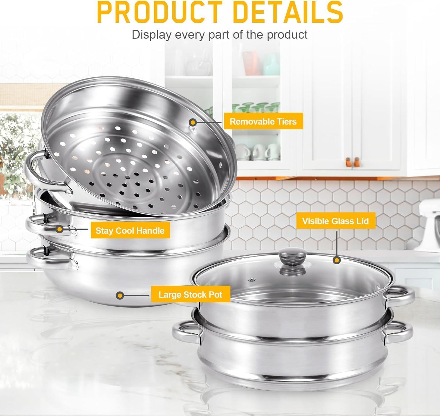 30cm 5-Tier Stainless Steel Steamer Pot with Glass Lid, Dishwasher Safe