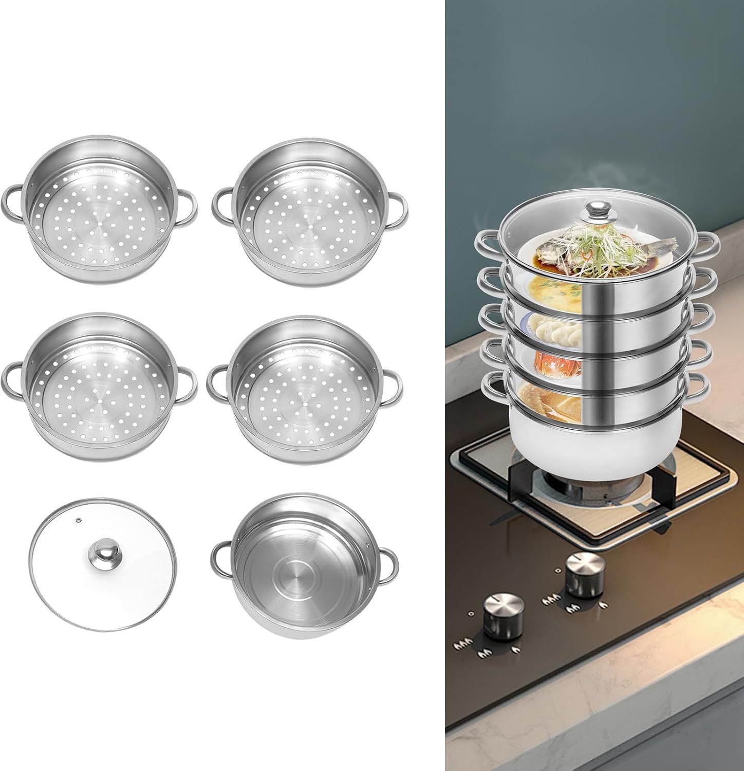 30cm 5-Tier Stainless Steel Steamer Pot with Glass Lid, Dishwasher Safe