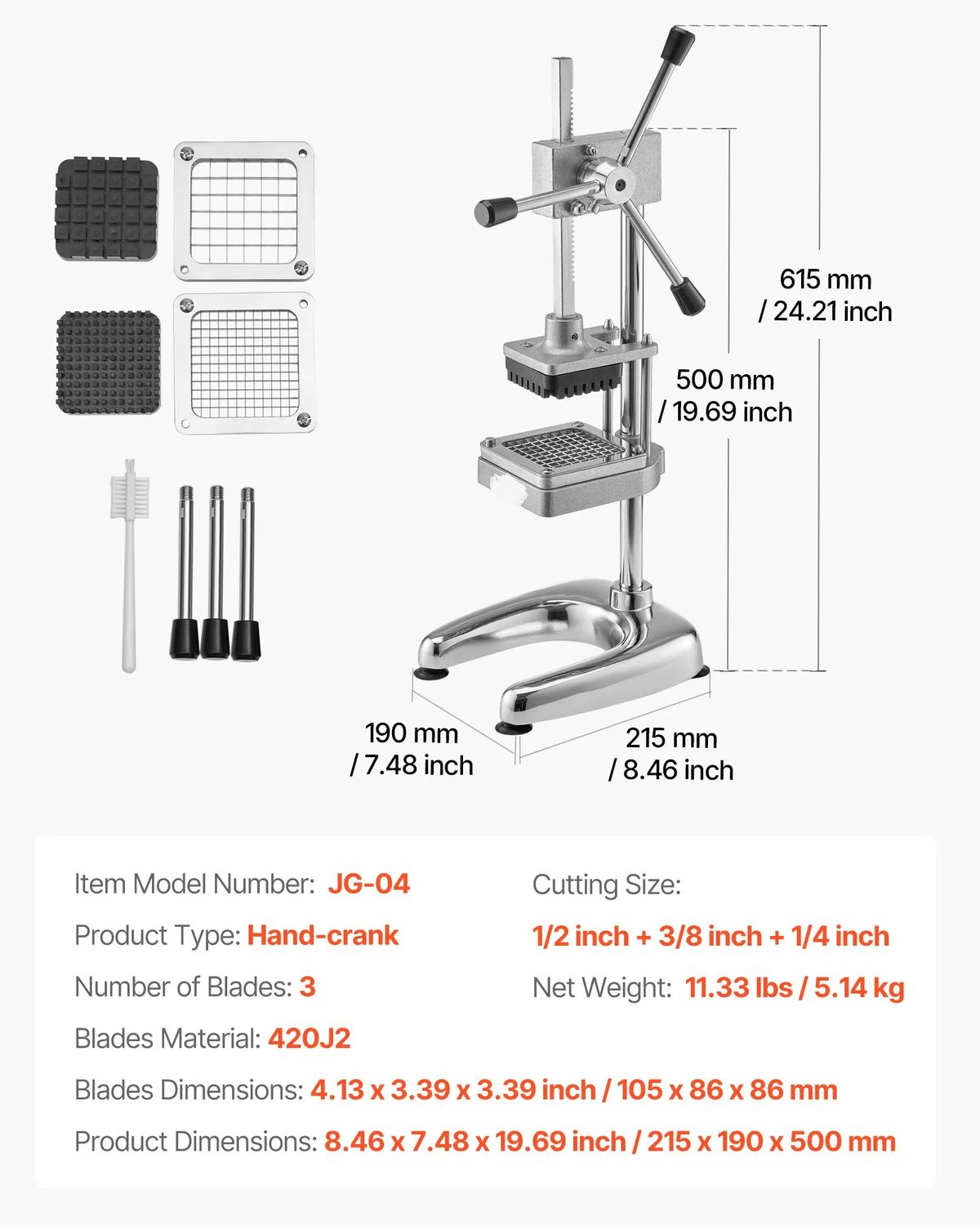 Stainless Steel French Fry Cutter with 3 Blades
