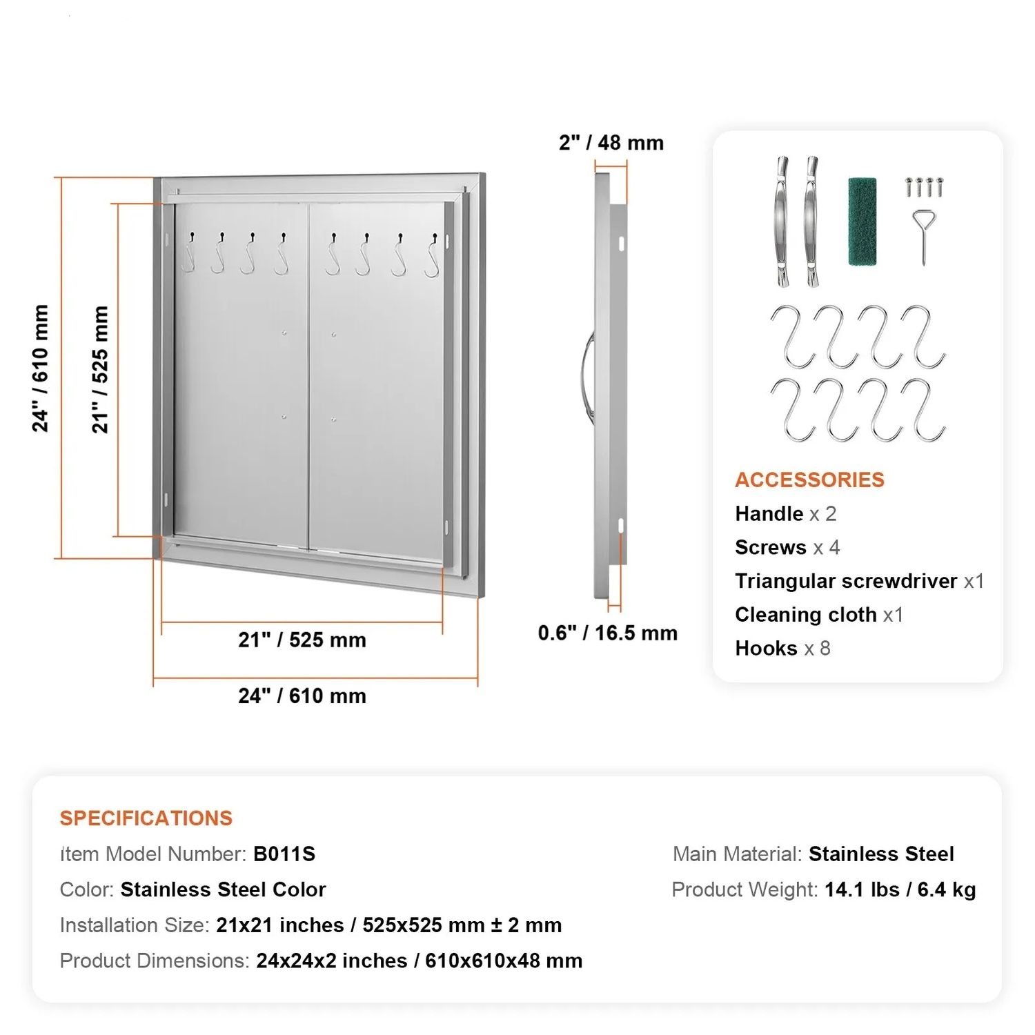 BBQ Access Door 24 x 24inch, Double Stainless Steel Outdoor Kitchen Cabinet Door