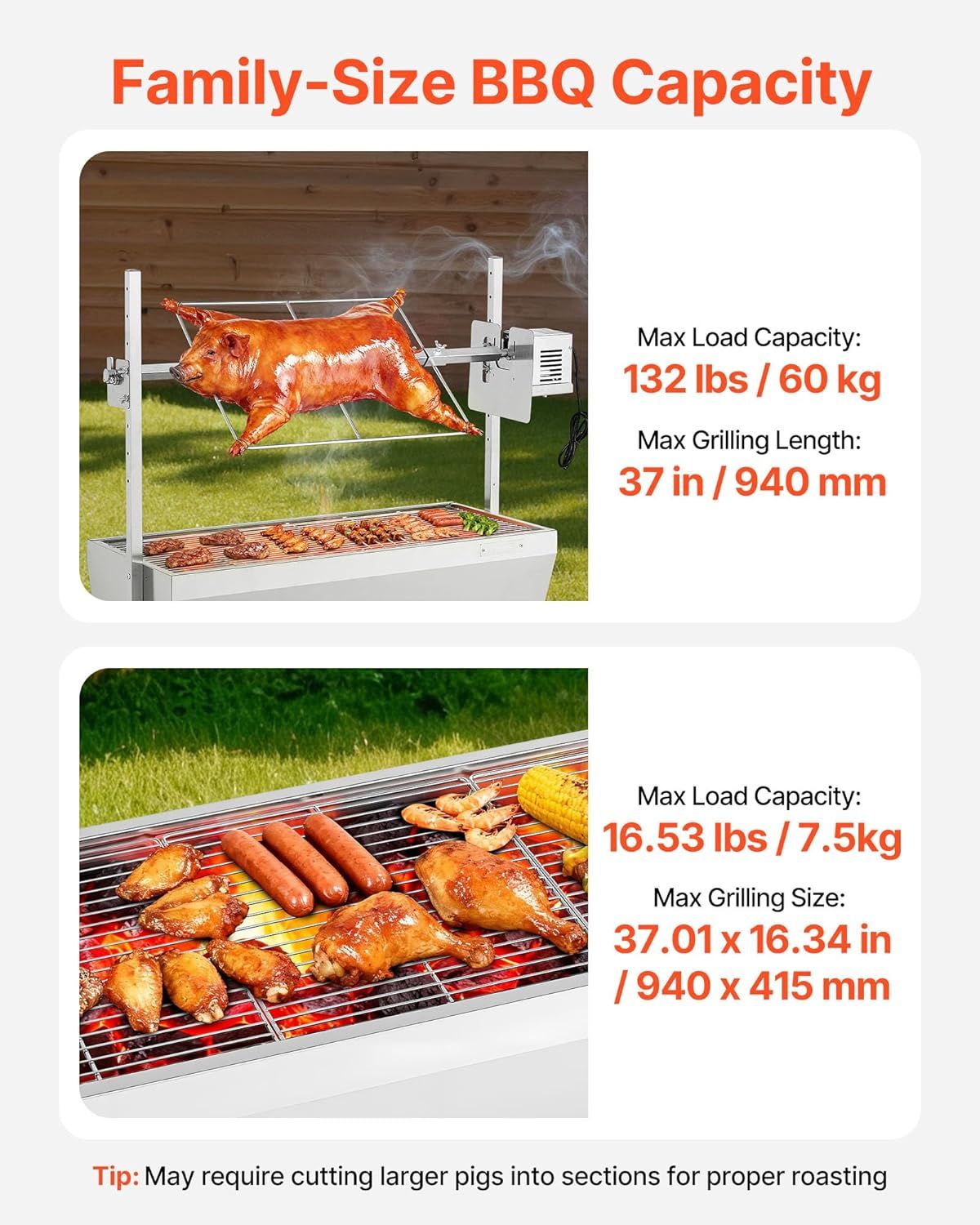 Stainless Steel  BBQ Grill 94cm Charcoal Pig Spit Roaster 60kg Capacity
