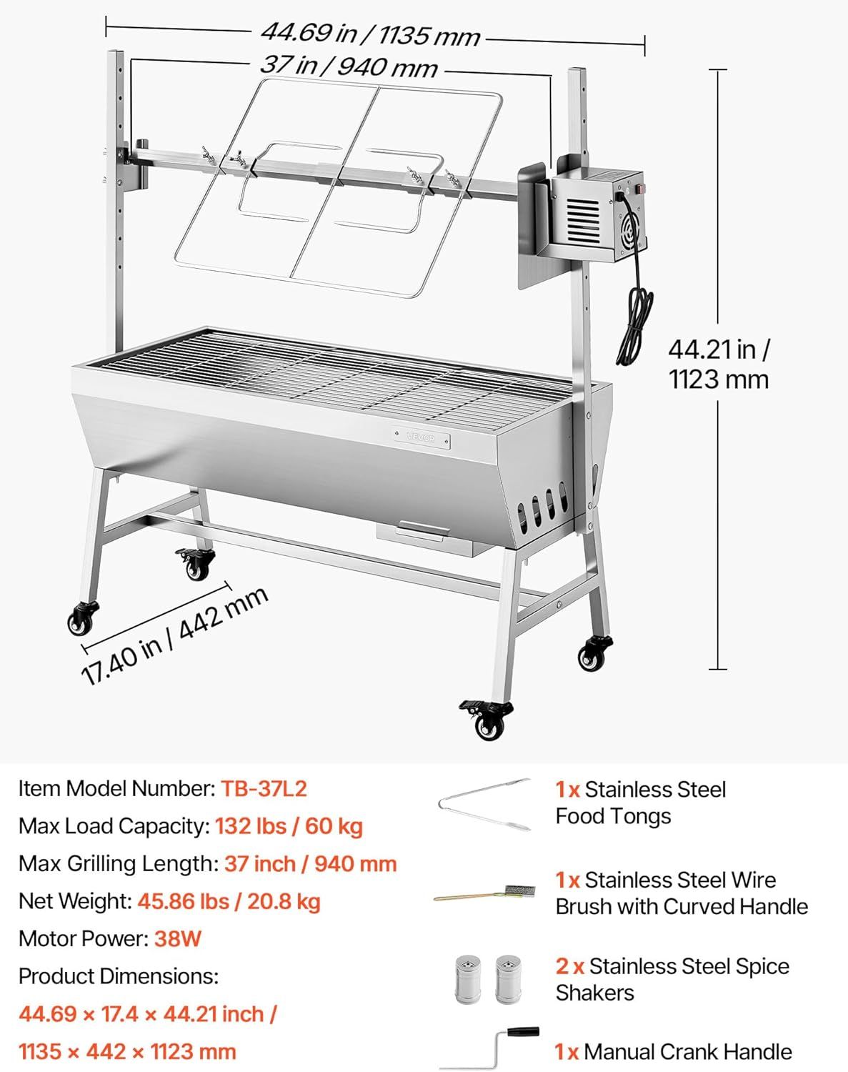 Stainless Steel  BBQ Grill 94cm Charcoal Pig Spit Roaster 60kg Capacity
