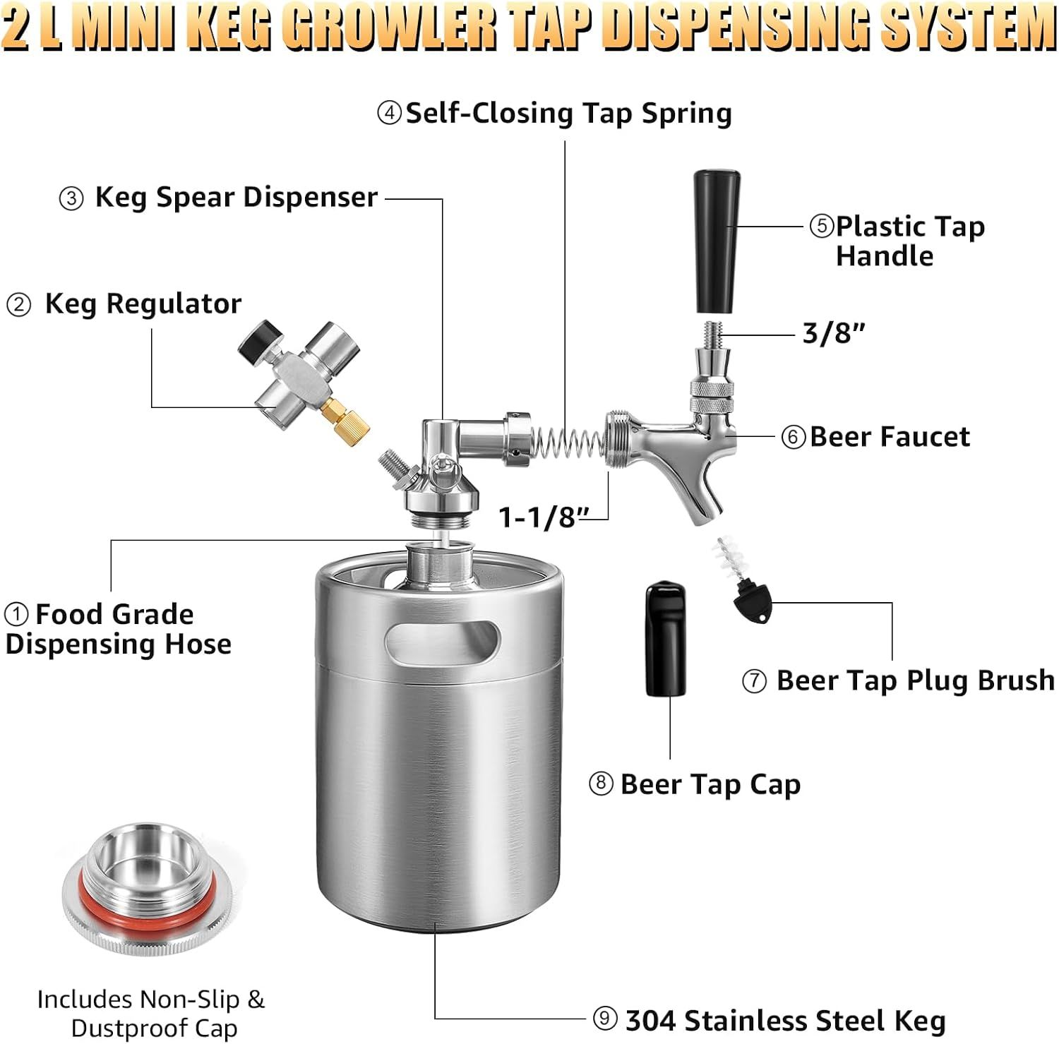 2L Mini Keg Growler with Tap Faucet Kit and 60 PSI Pressure Gauge
