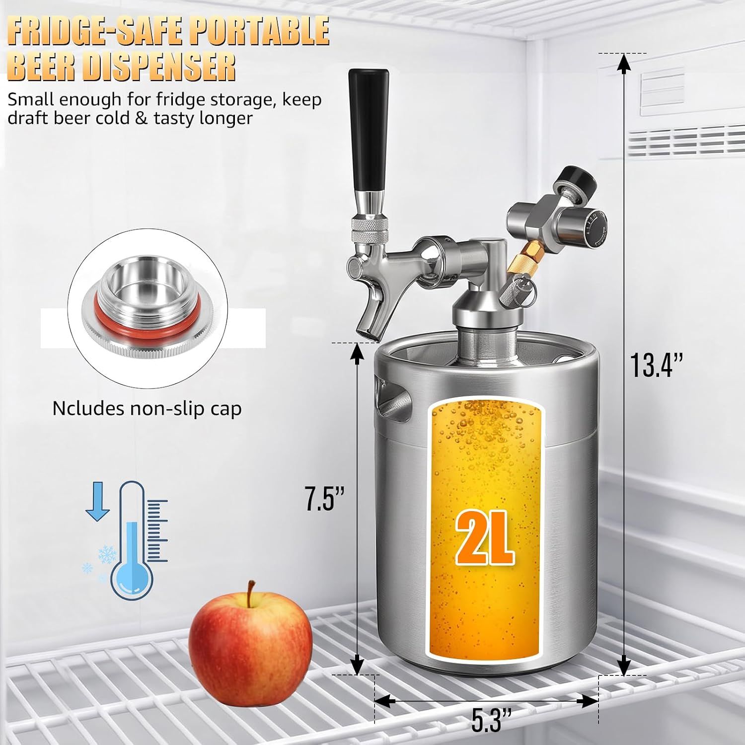 2L Mini Keg Growler with Tap Faucet Kit and 60 PSI Pressure Gauge