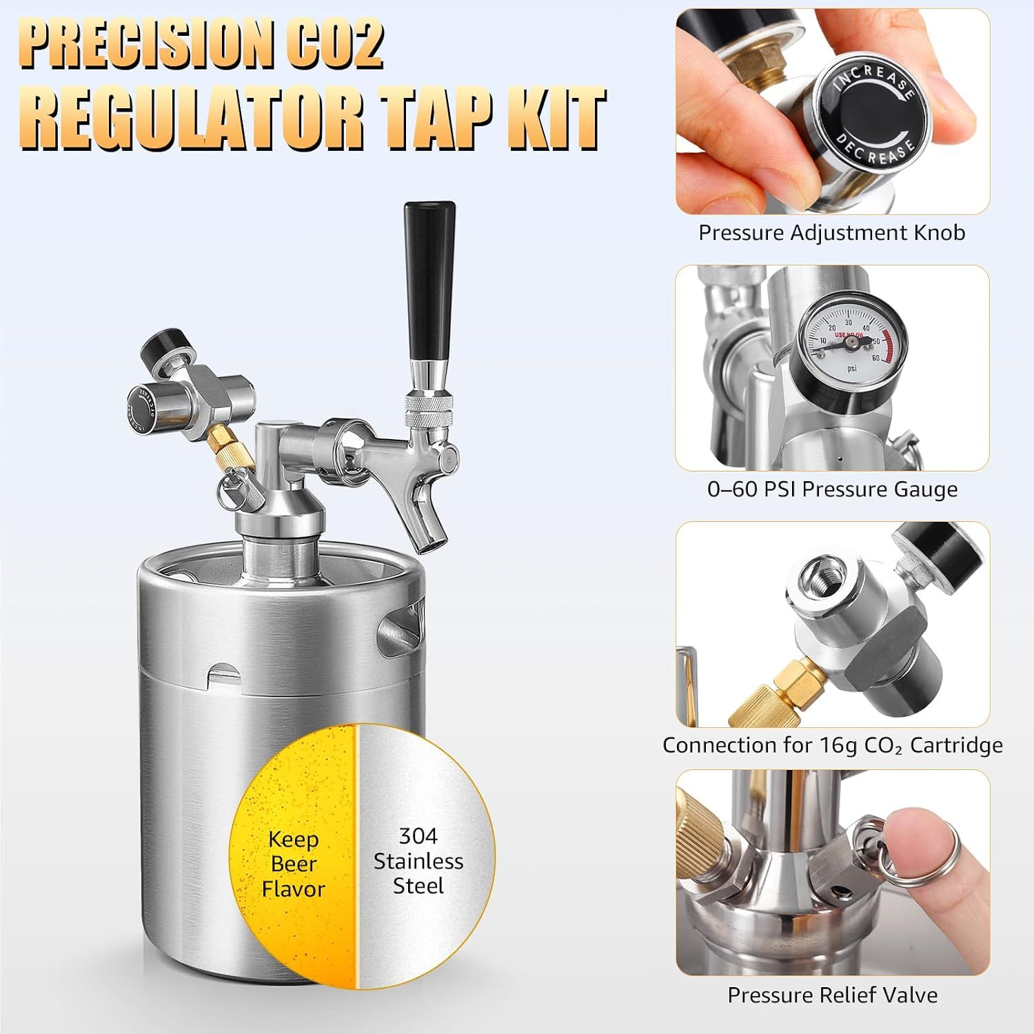 2L Mini Keg Growler with Tap Faucet Kit and 60 PSI Pressure Gauge
