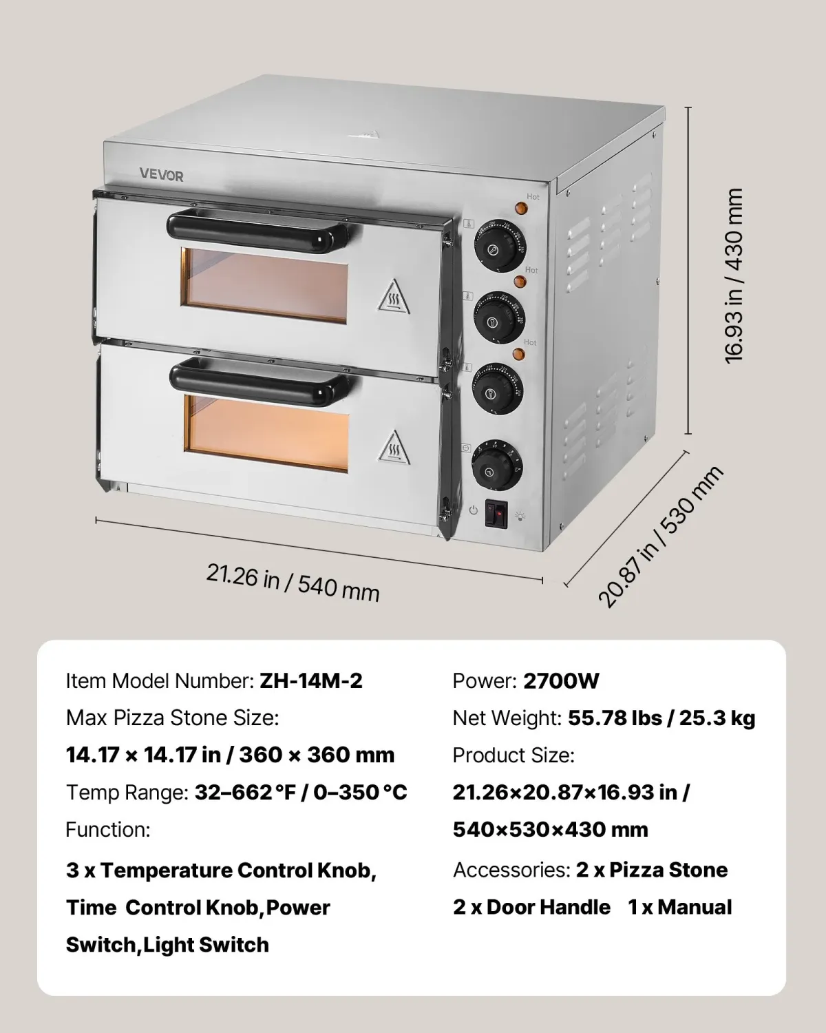 Commercial Electric Pizza Oven 2700W 14 Inch Countertop Stainless Steel Pizza Maker