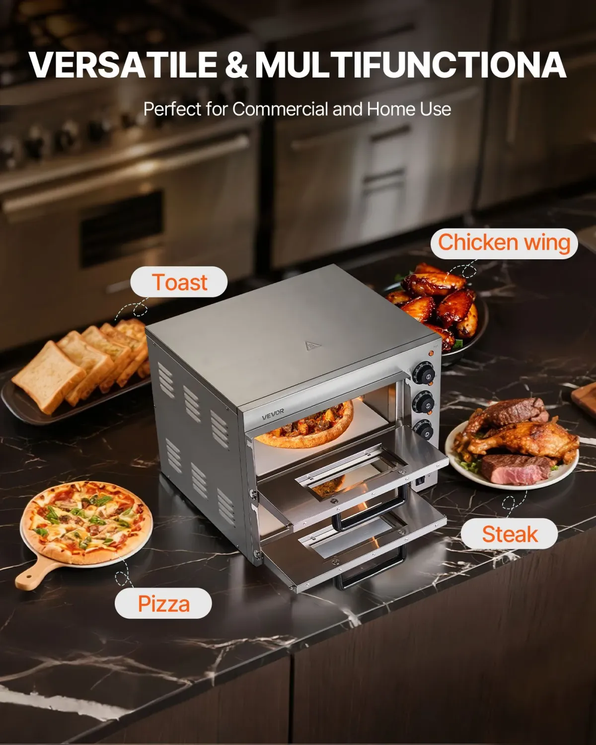 Commercial Electric Pizza Oven 2700W 14 Inch Countertop Stainless Steel Pizza Maker