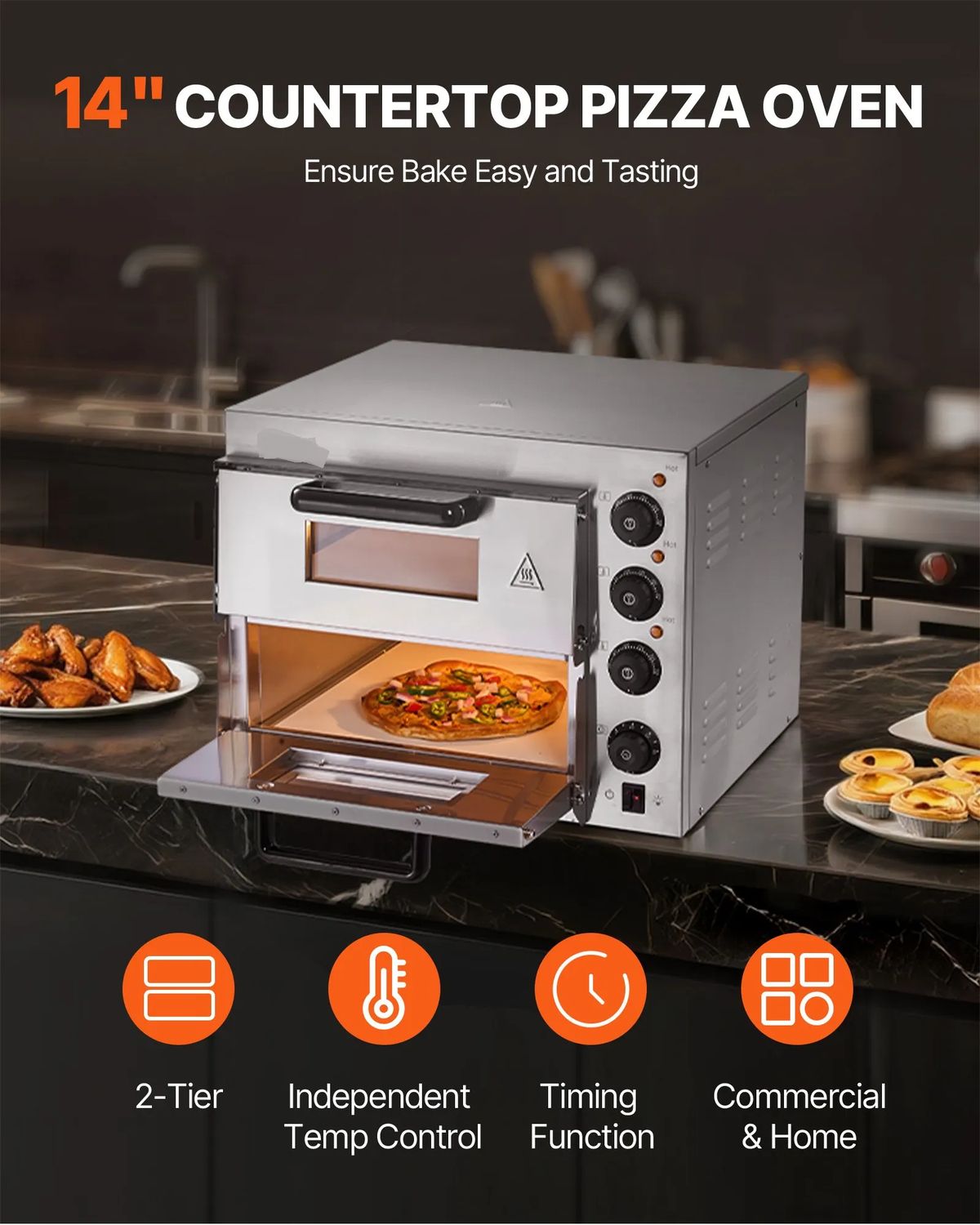 Commercial Electric Pizza Oven 2700W 14 Inch Countertop Stainless Steel Pizza Maker