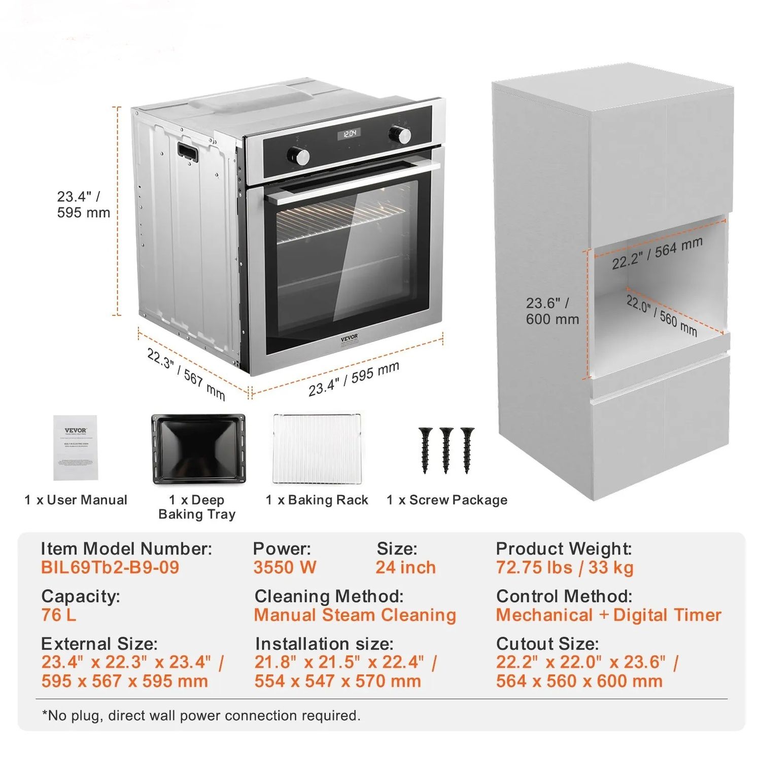 24 Inch Built In Electric Wall Oven 76L 3550W Convection Oven with 9 Cooking Functions